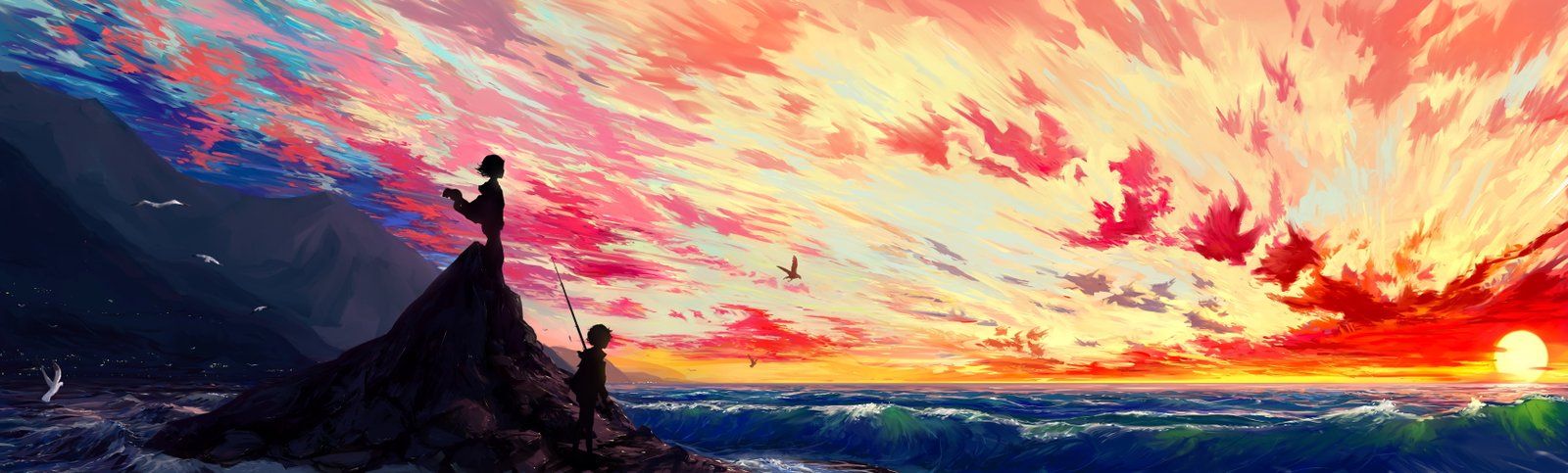 silhouette of rock formation on water at golden hour painting 2k 4k 5k