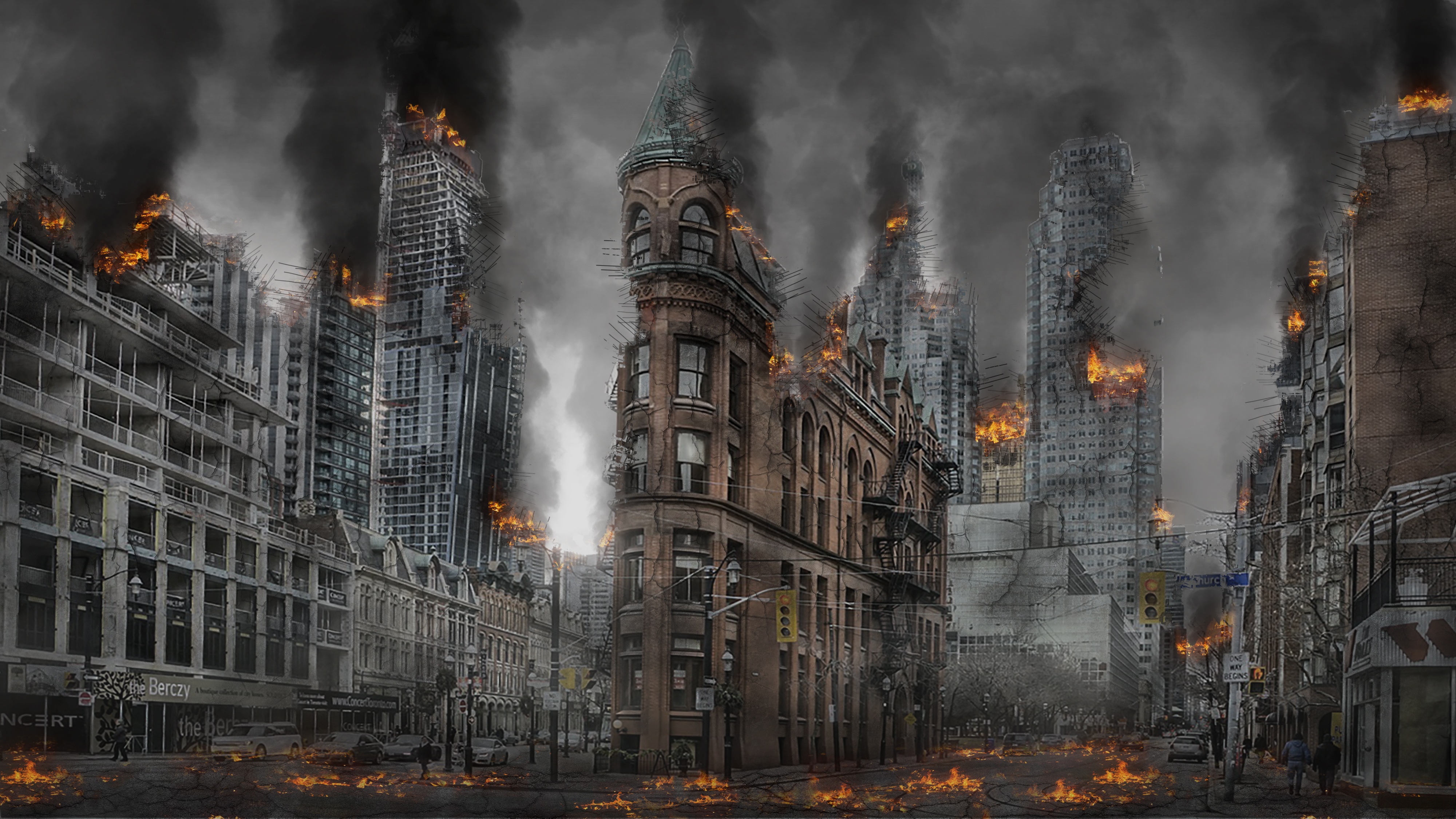 burning buildings during daytime apocalypse war disaster destruction 2k 4k