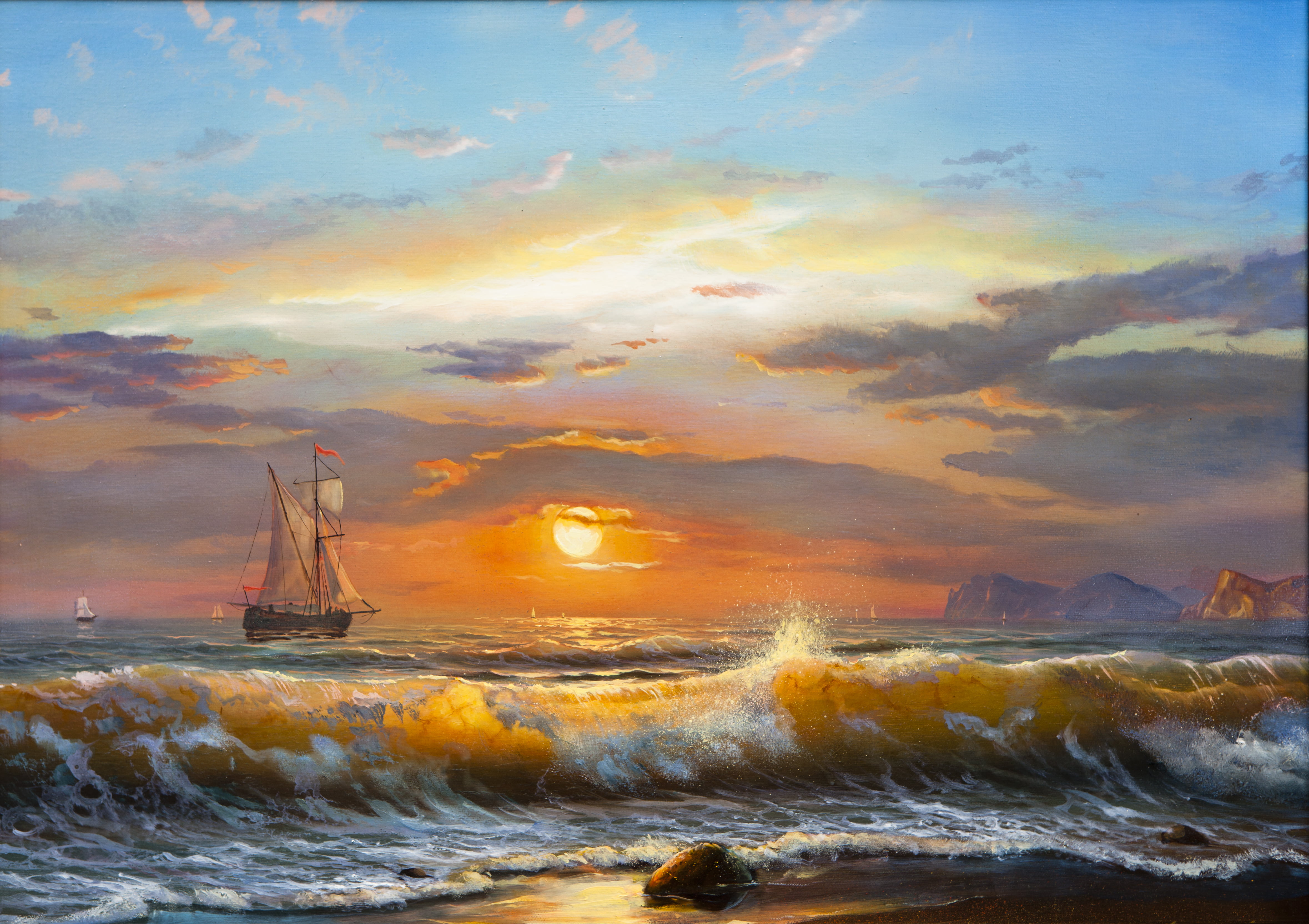 galleon ship illustration sea wave the sky clouds landscape 2k 4k 5k
