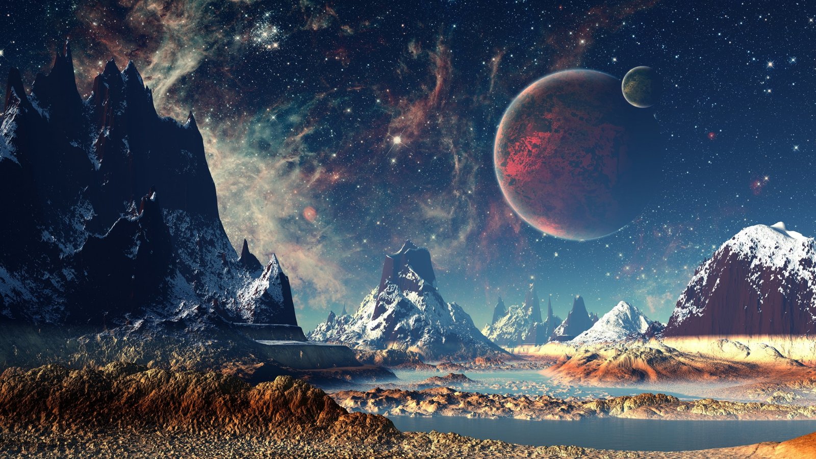 gray mountains illustration near body of water digital wallpaper 2k 4k