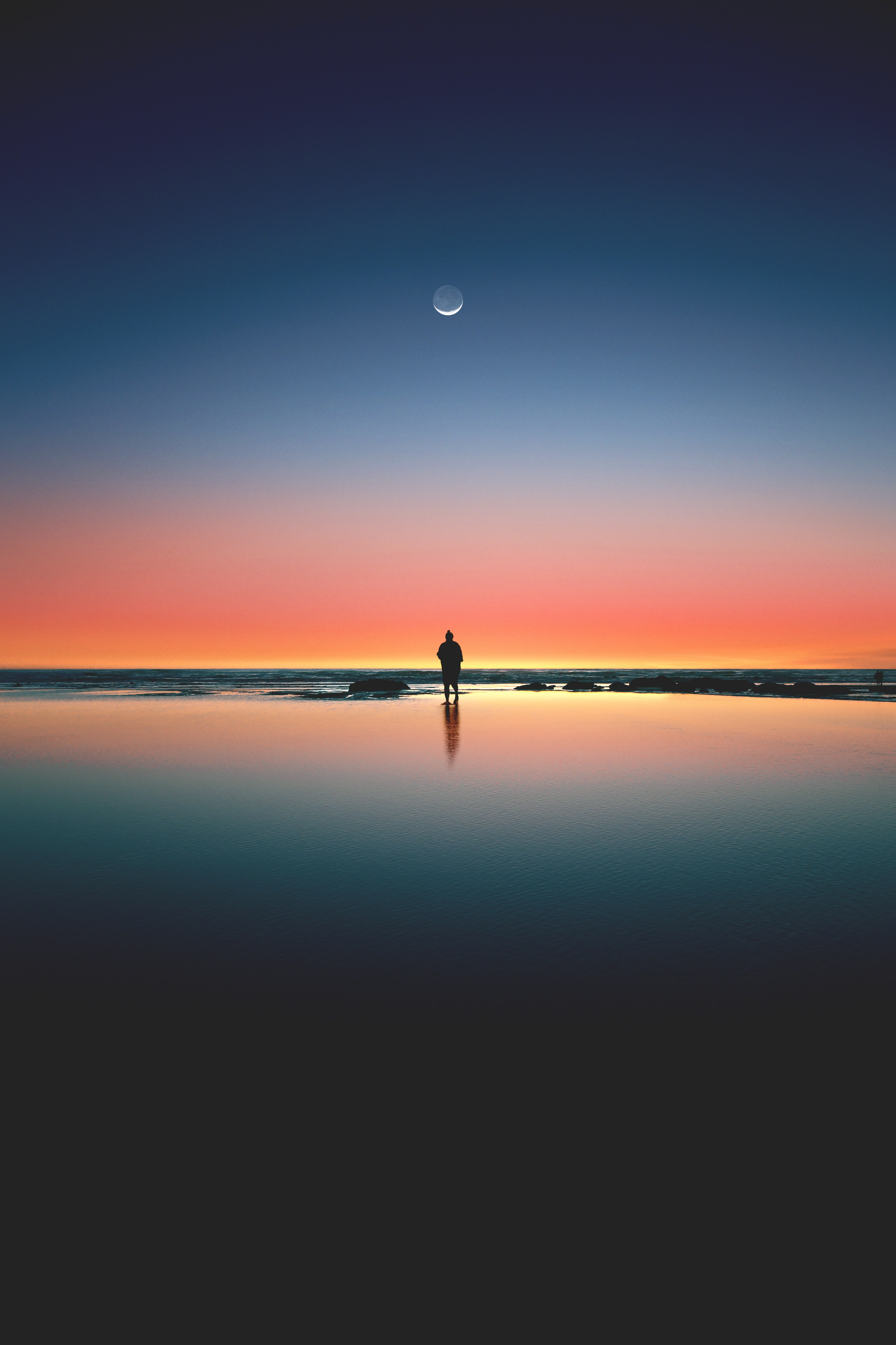 Moon Sunset Silhouette Beach Sea Alone Horizon 2k 4k