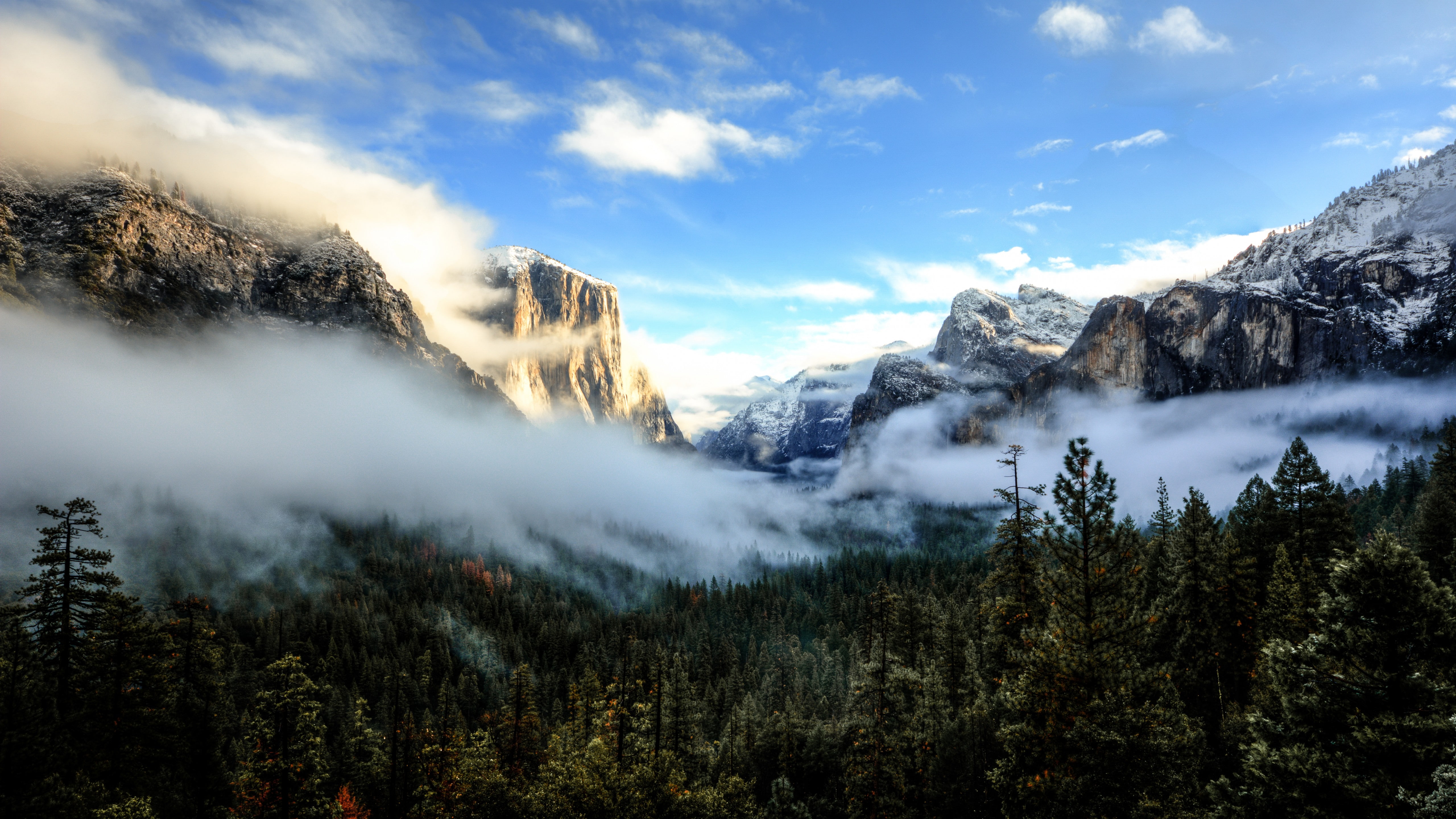 mountain covered by fog under blue calm sky Tunnel View 2k 4k 5k