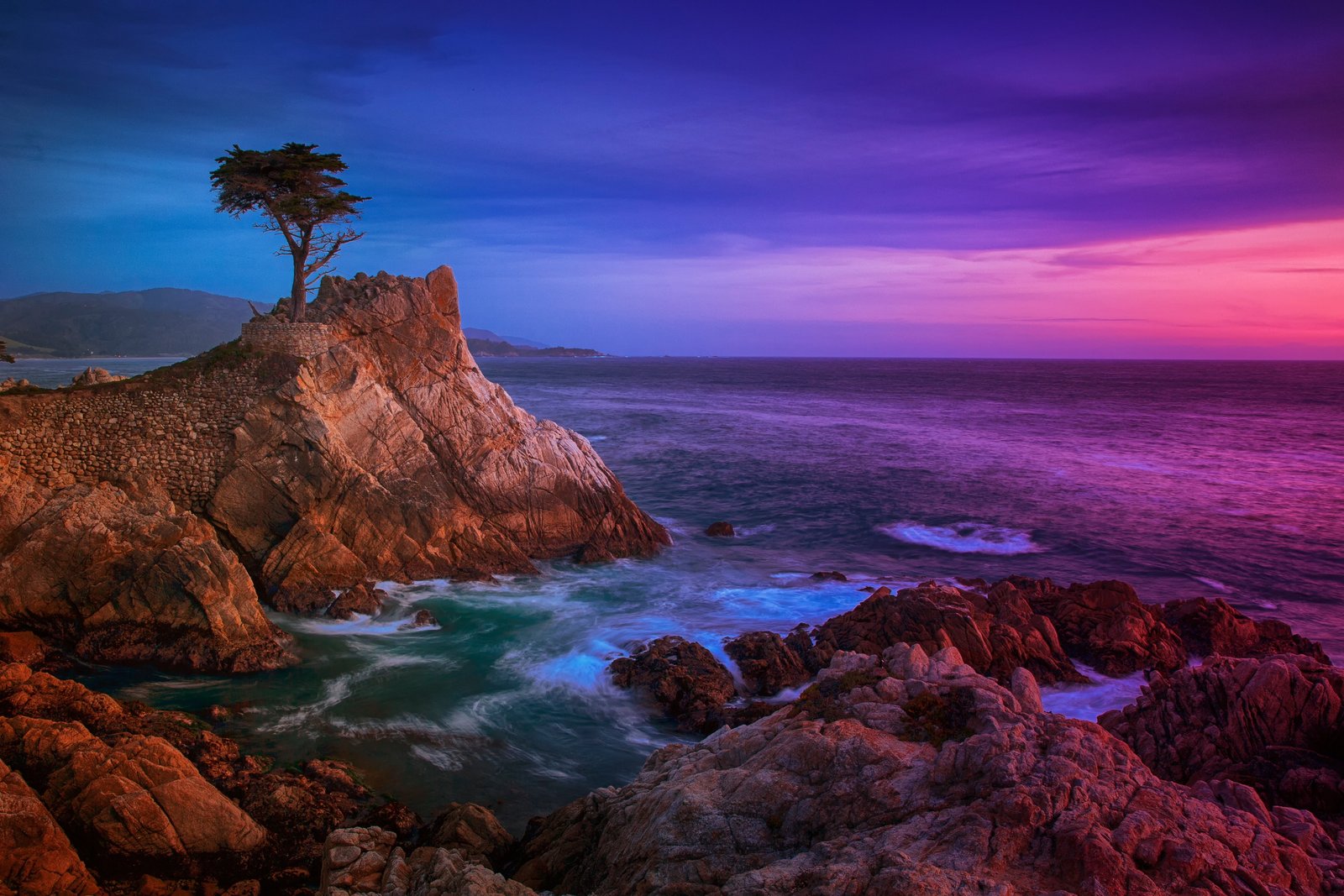 rocky beach landscape during sunset lone cypress 2k 4k 5k