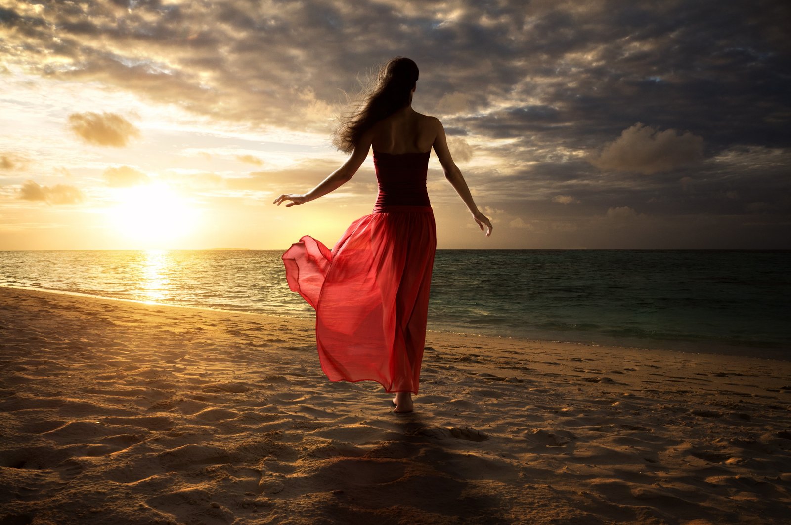 sand beach women red dress 2k 4k 5k