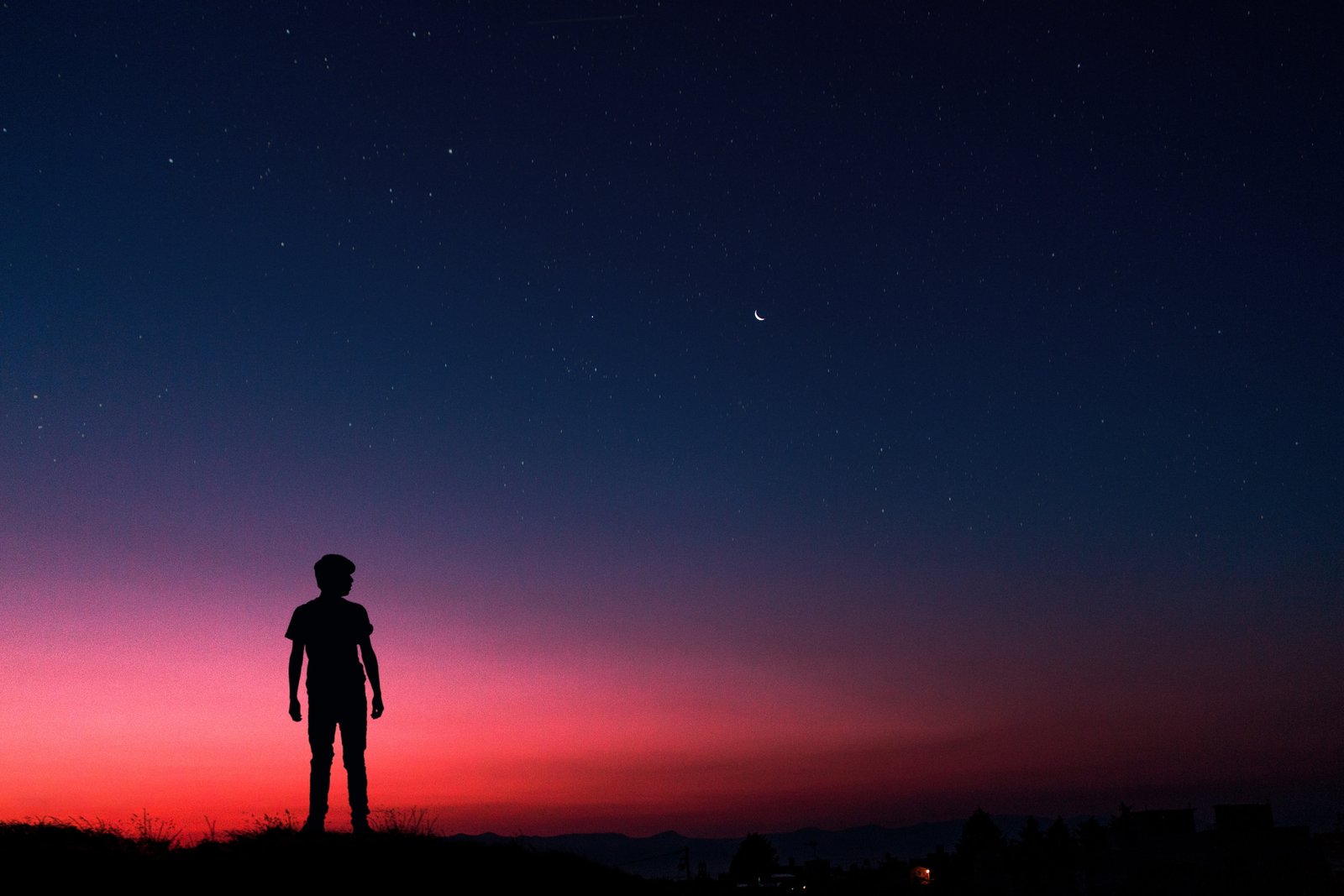 Silhouette of man standing on summer night people nature sunset 2k 4k 5k