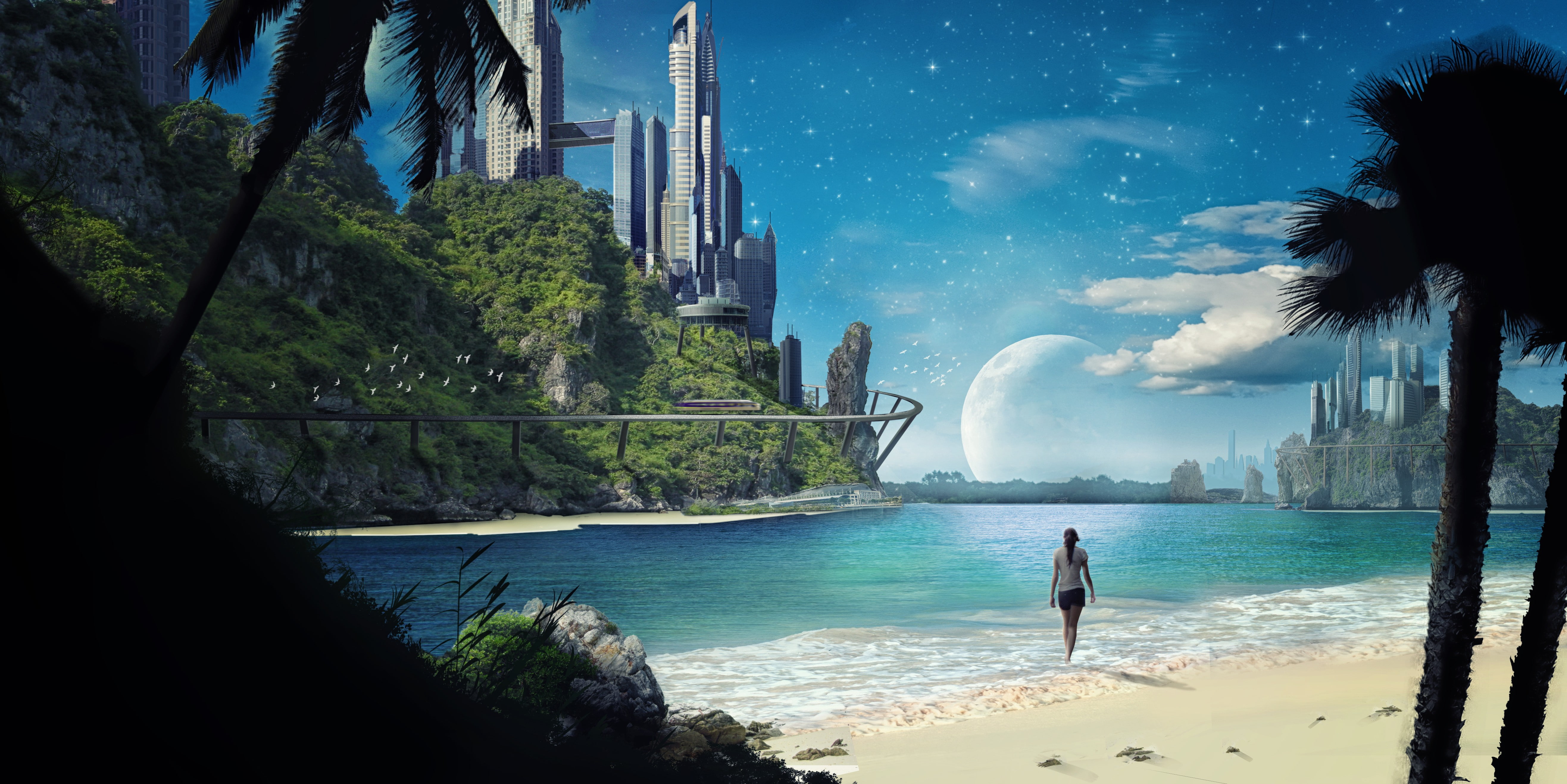 space Matte painting sea futuristic beach 2k 4k 5k