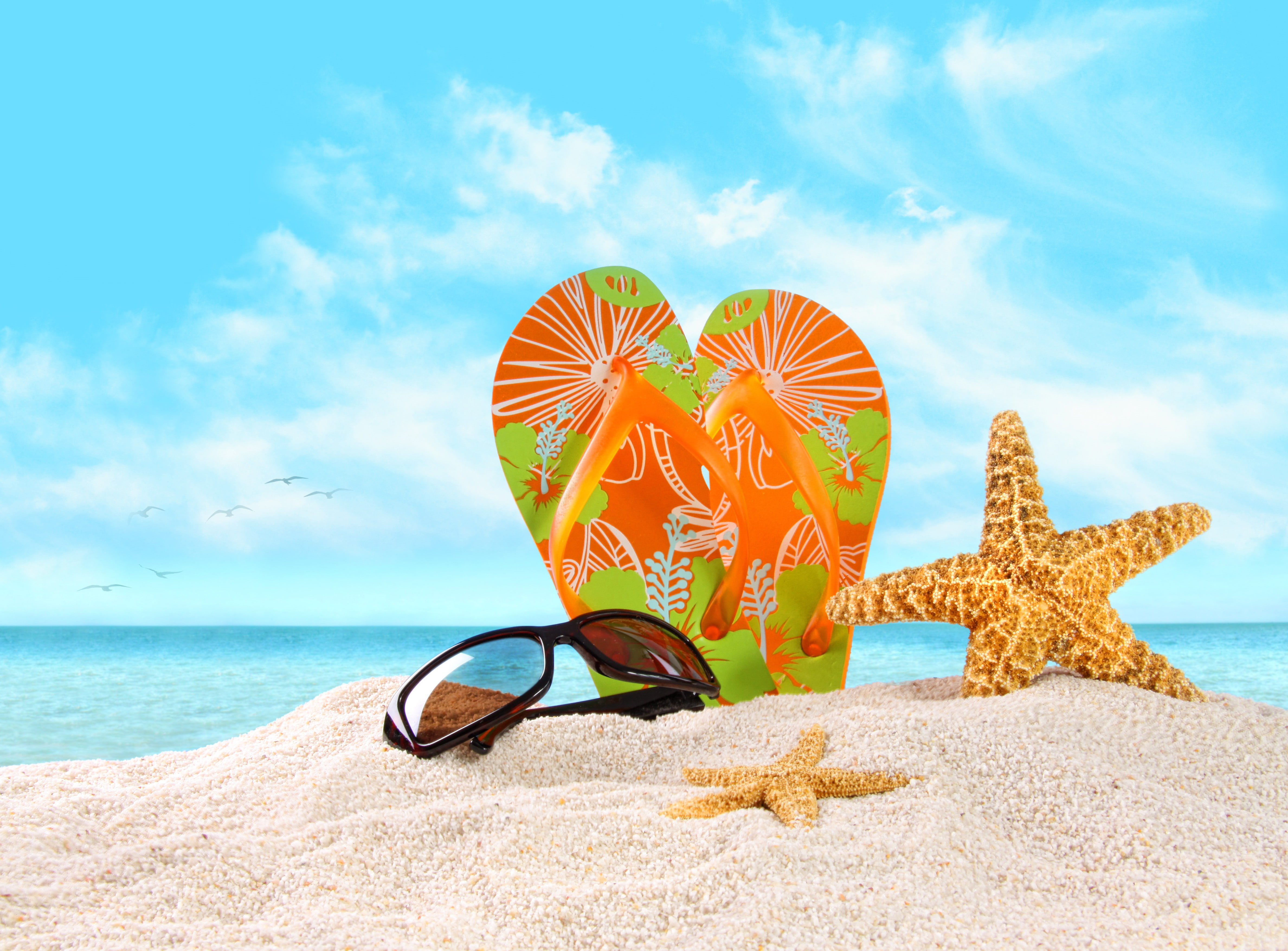 Starfish on beach sand Sea Nature sky clouds glasses flip flop 2k 4k 5k