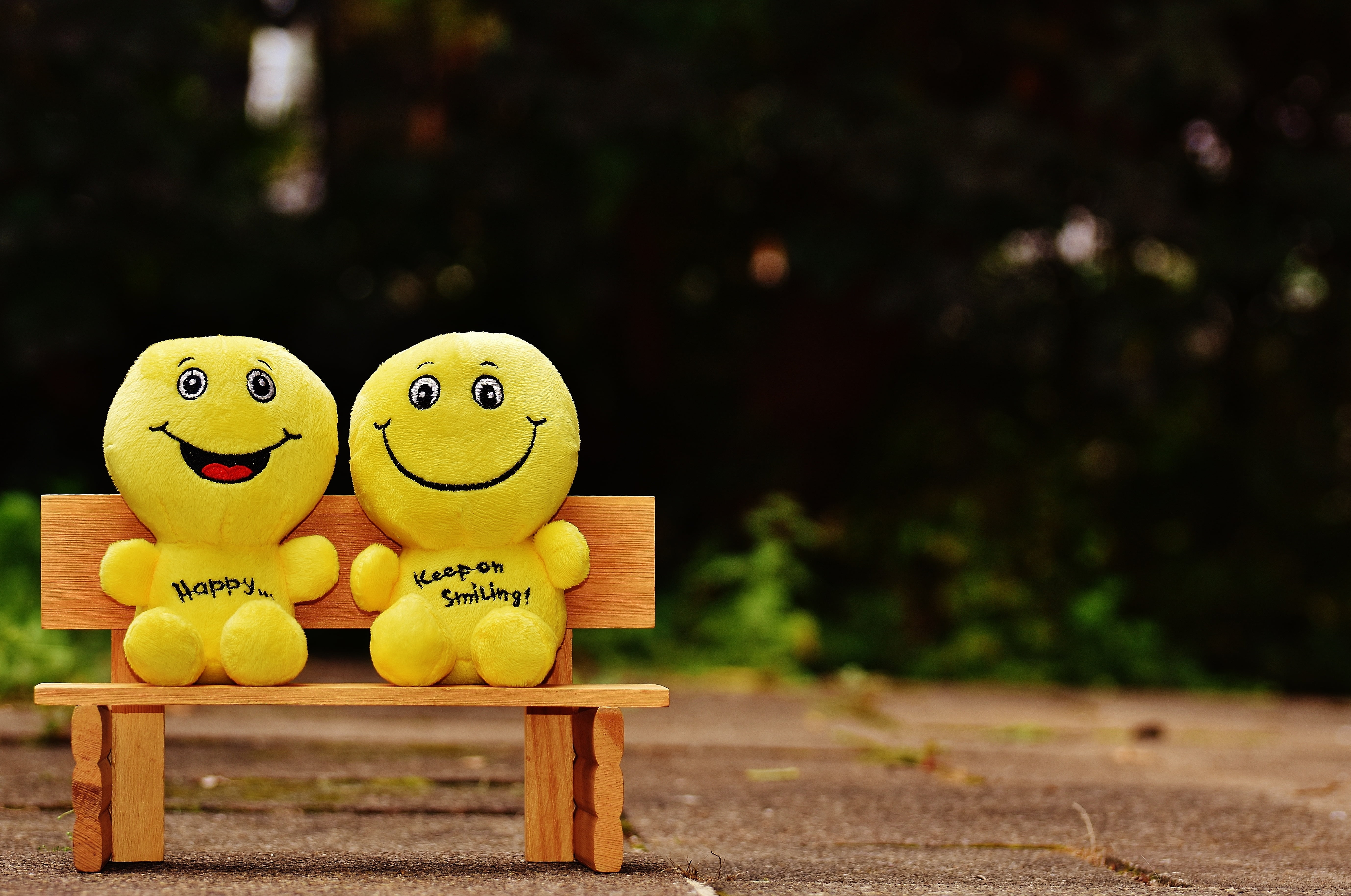 two happy emoji plush toys smiles cheerful bench cute wood Material 2k 4k 5k