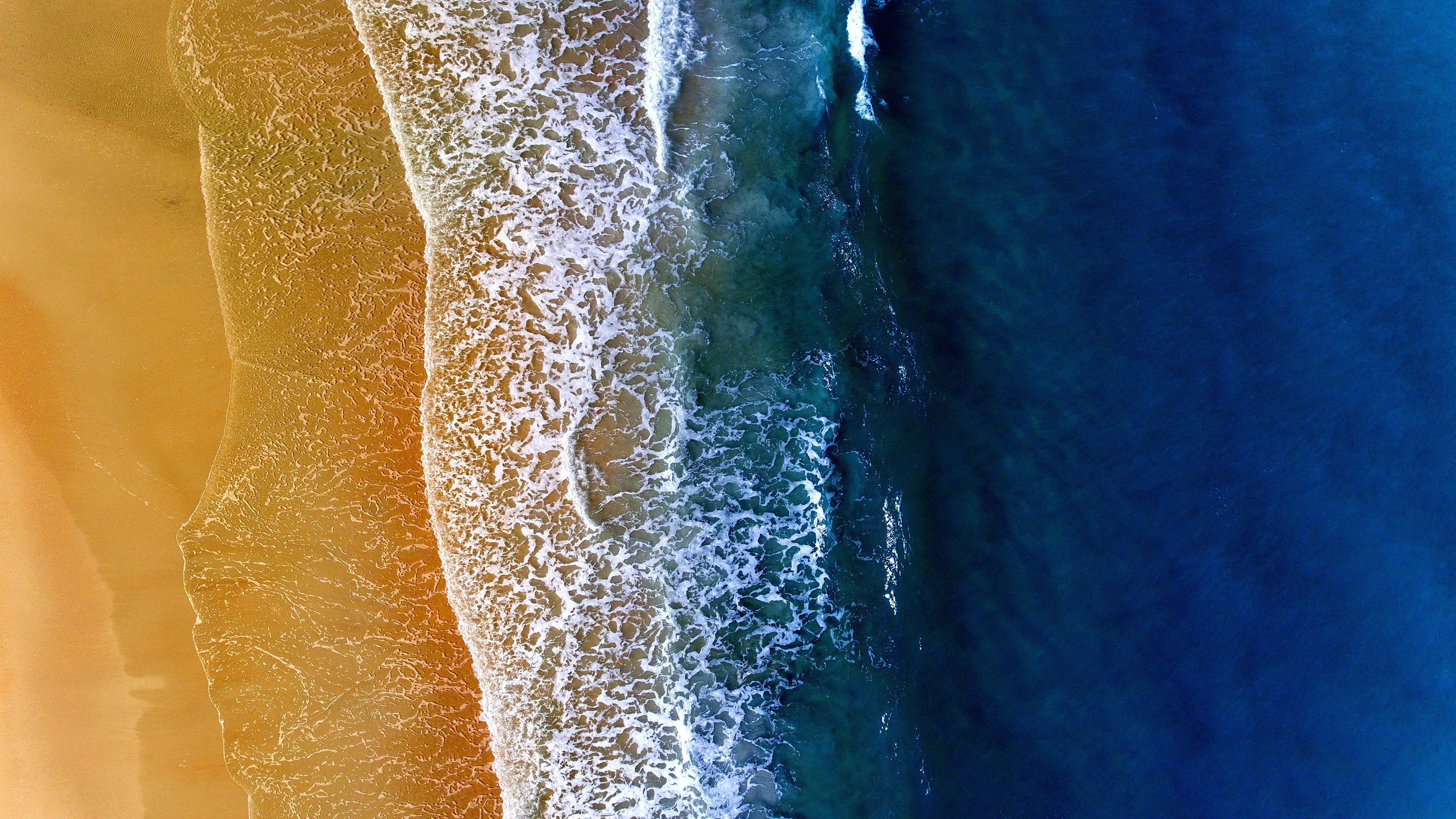 wave sea water foam aerial view photography sandy beach 2k 4k