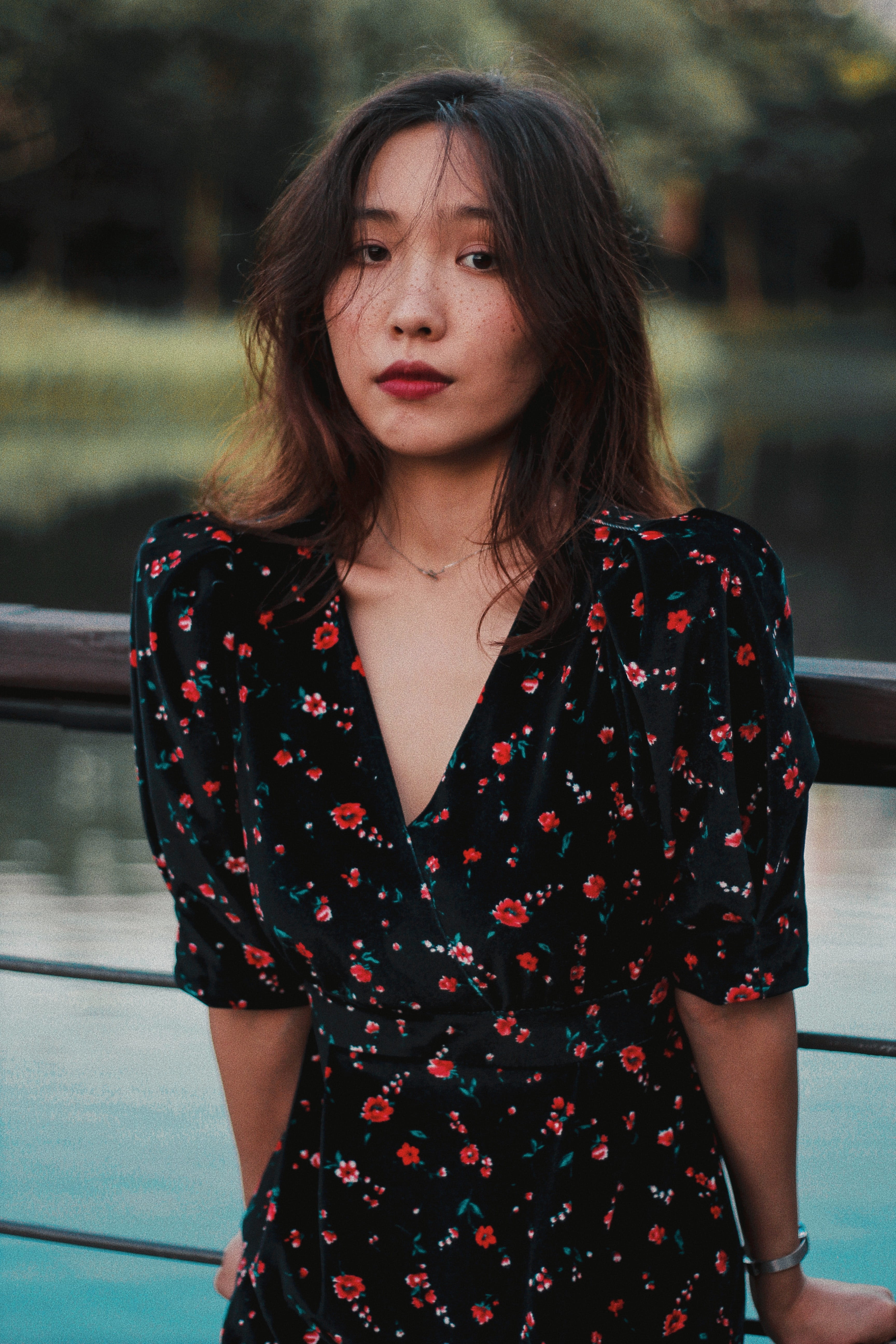 woman leaning back on handrail vsco flower dress seoul korean 2k