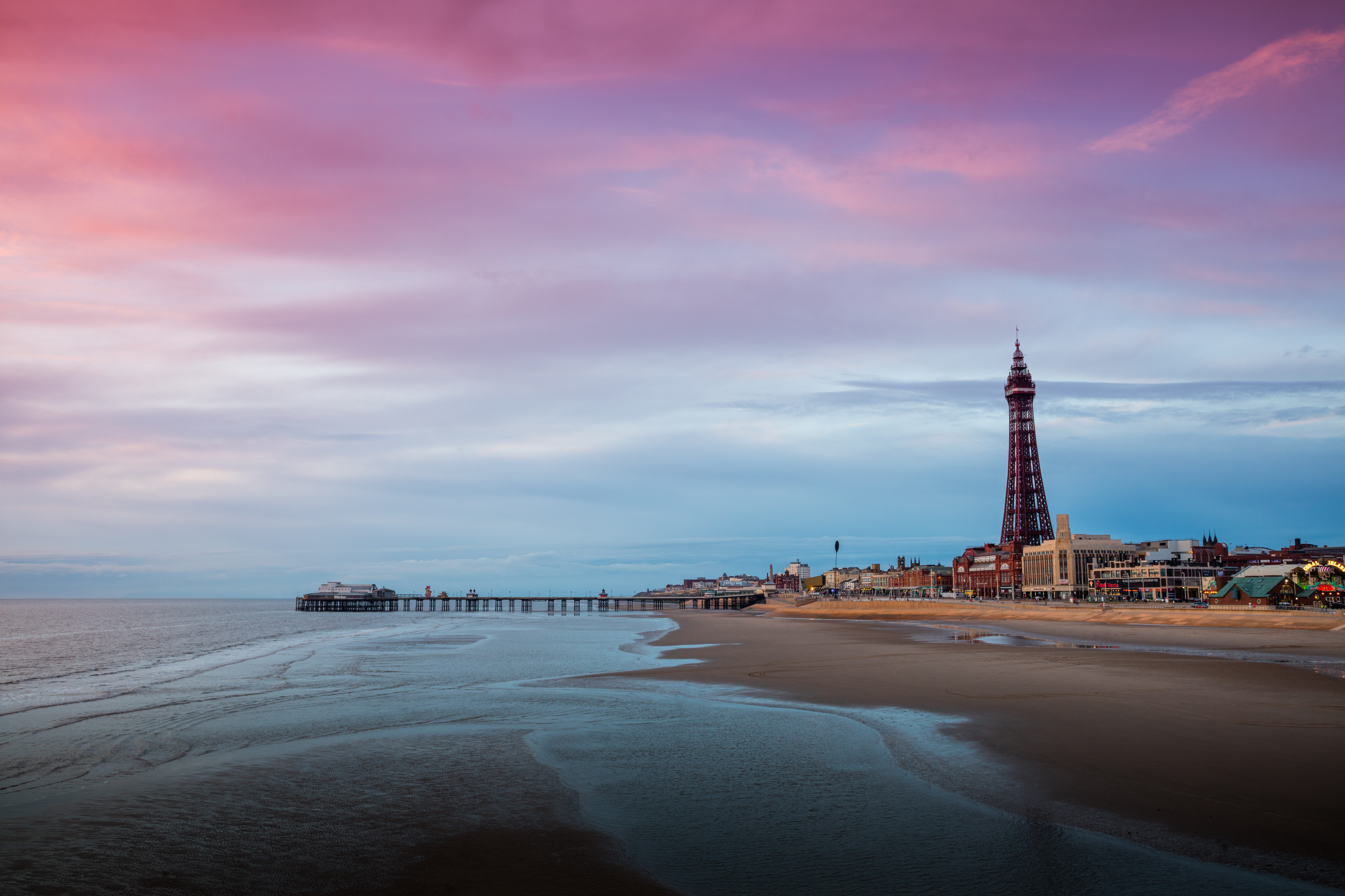 blackpool tower promenade sunset seascape landscape beach 2k 4k 5k 8k