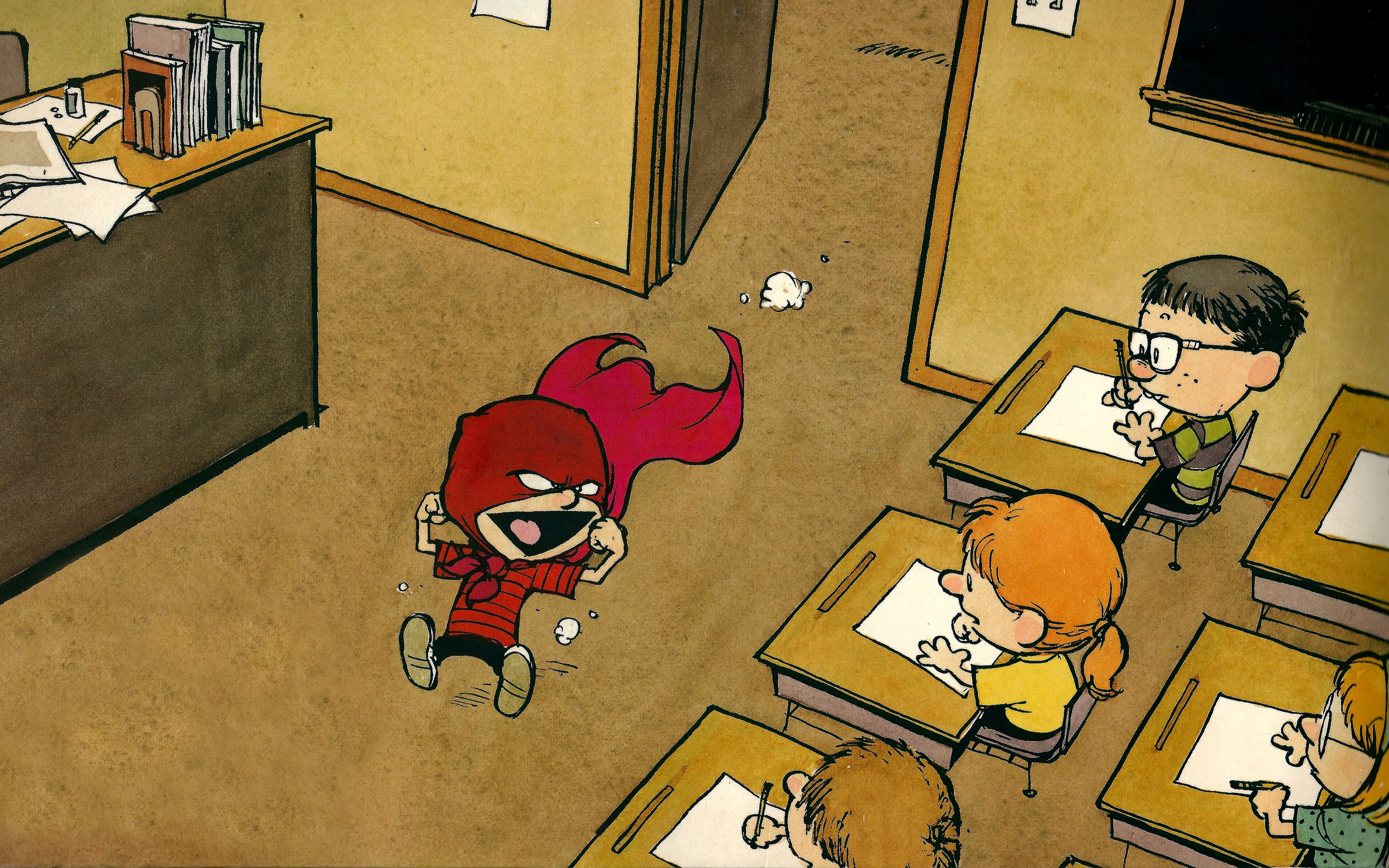 boy in red cape inside classroom cartoon show Calvin and Hobbes 2k 4k