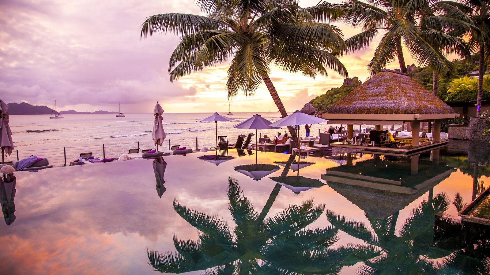 brown gazebo near green palm tree Infinity Pool wallpaper 2k 4k 5k