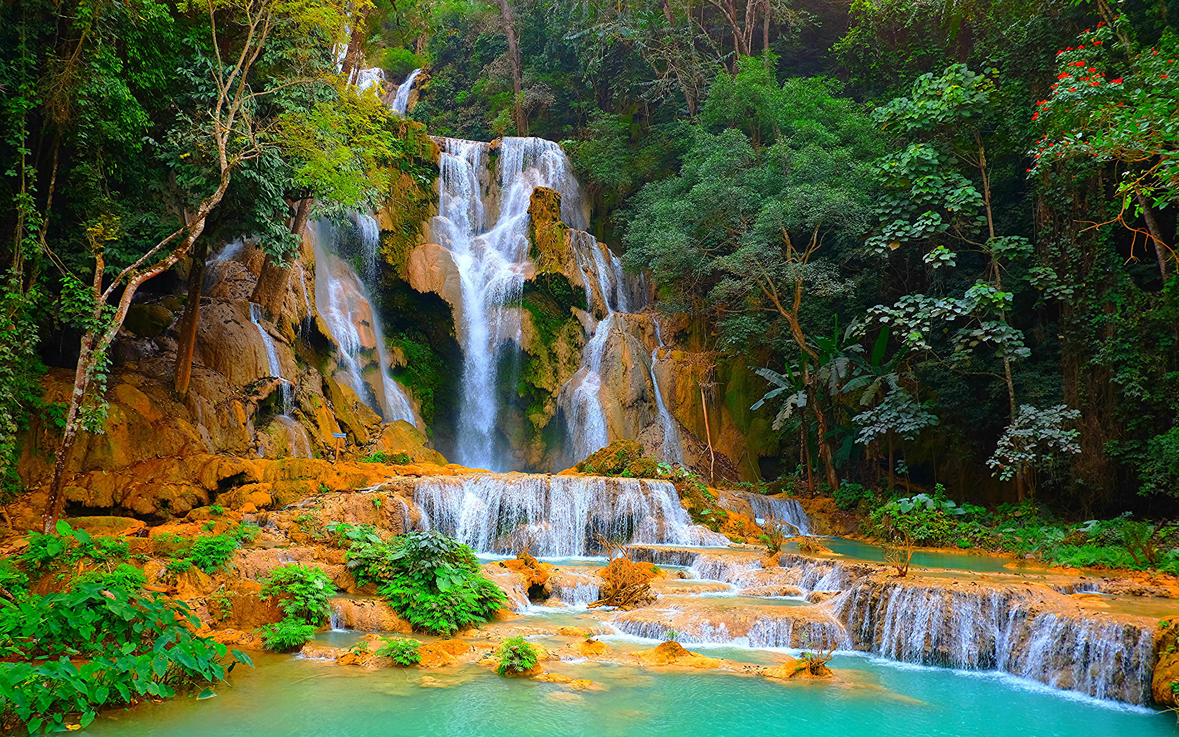 Kuang Si Falls Or Tat Waterfalls In Laos Crag Ultra Hd Wallpapers For Mobile Laptop And Tablet 2k 4k