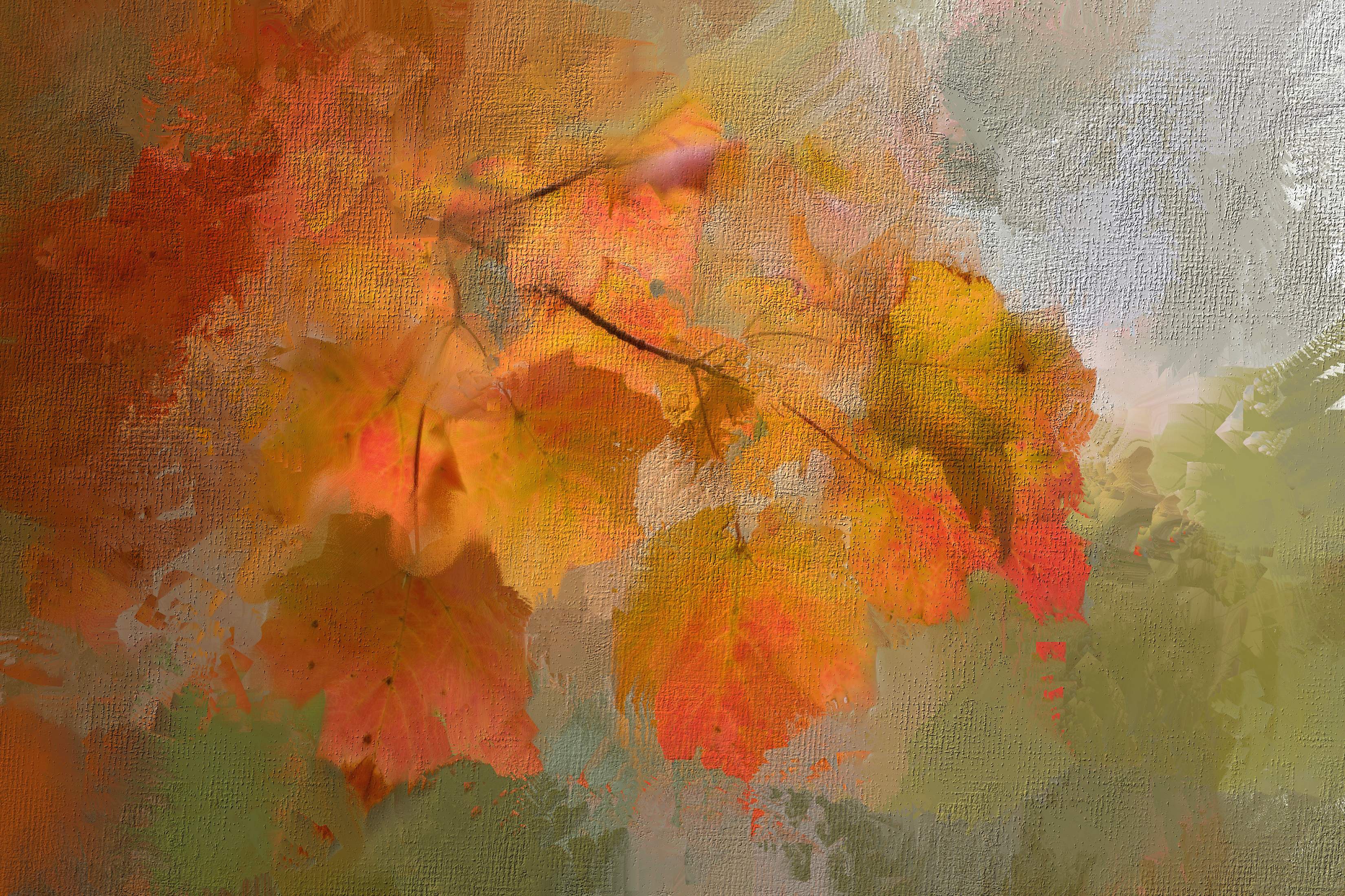 orange white and green abstract painting leaves fall nature 2k