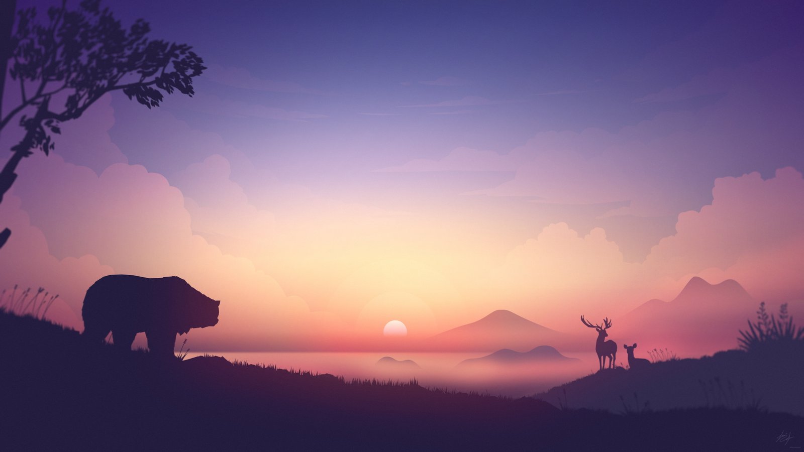 silhouette of bear illustration photo deer and under golden hour 2k 4k 5k 8k
