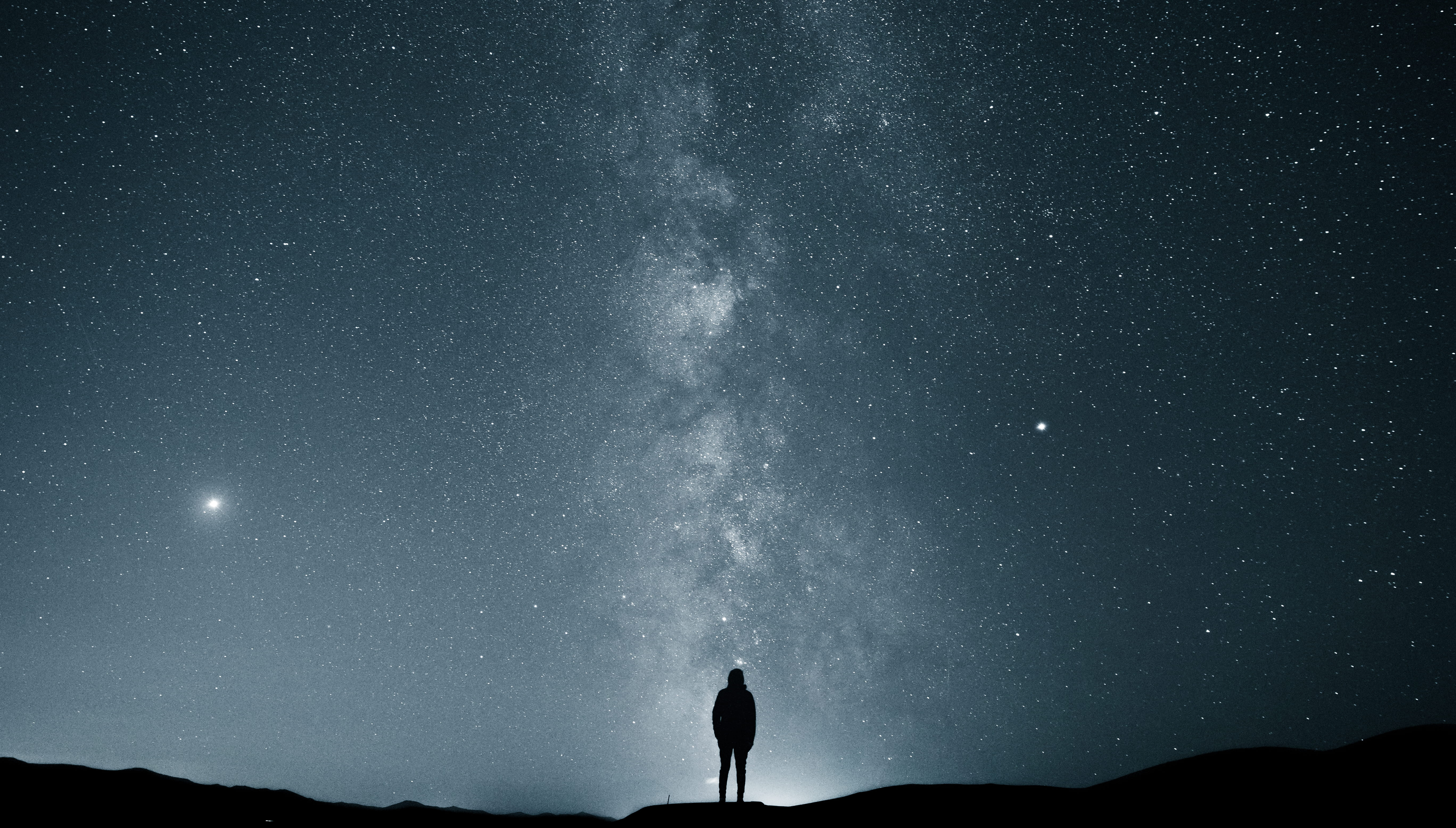 silhouette of person under starry sky landscape astrophotography 2k 4k 5k