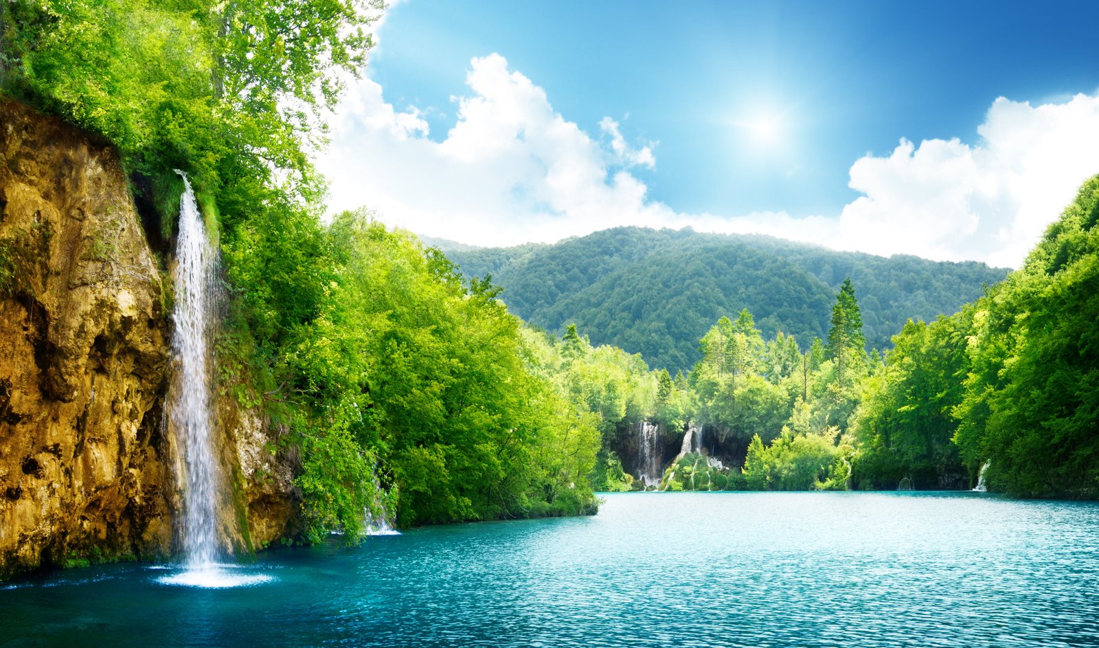waterfalls and trees digital wallpaper sea the sky clouds 2k 4k 5k