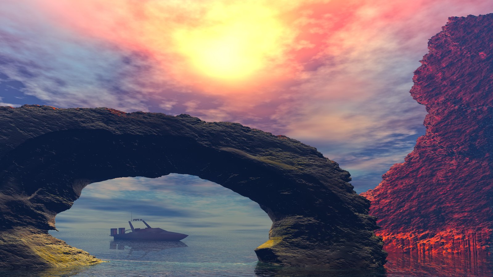digital art fantasy landscape bay rock uhd nature motorboat 2k 4k 5k 8k