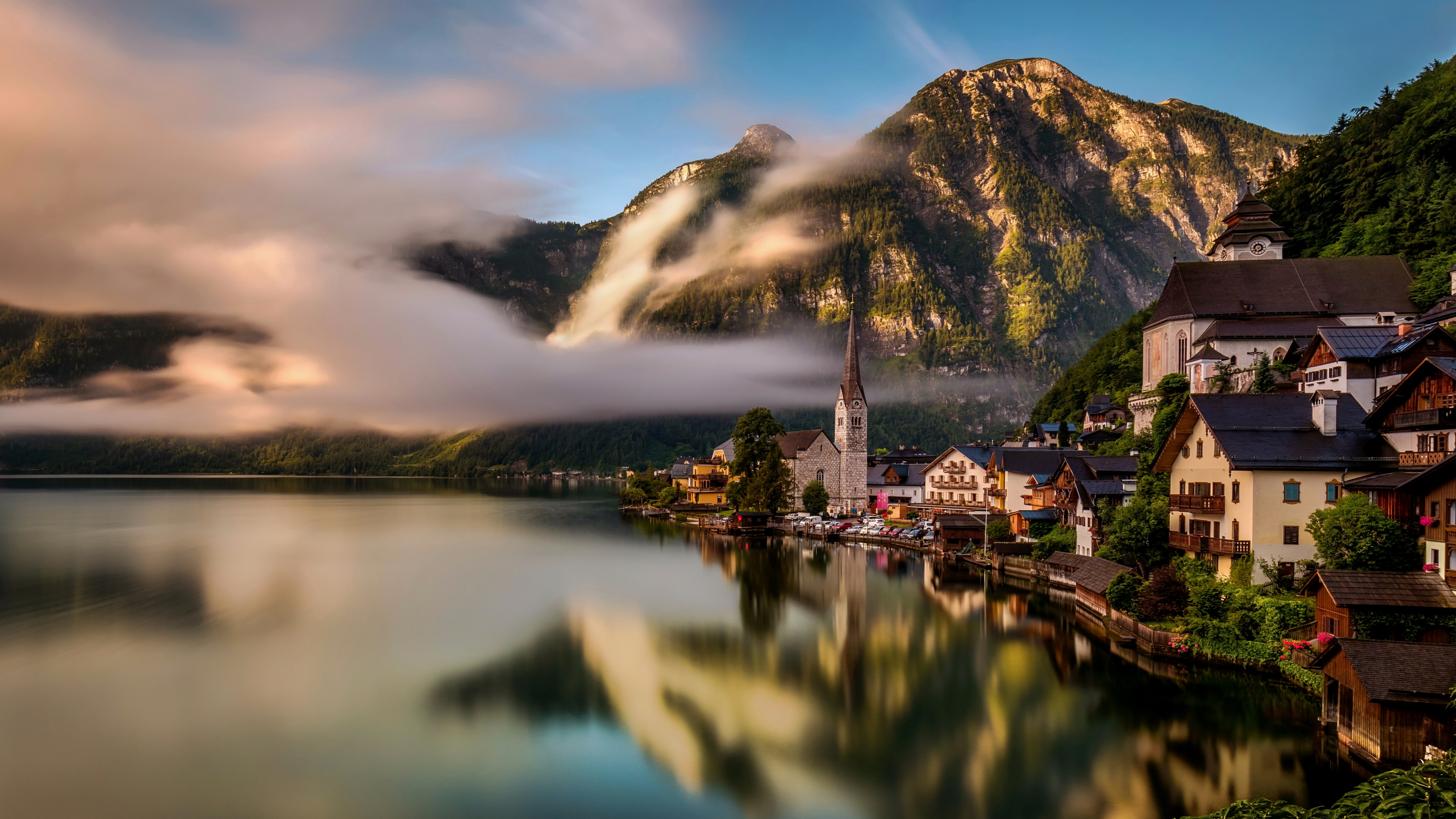 lake hallstatt europe church mountain village 2k 4k 5k 8k