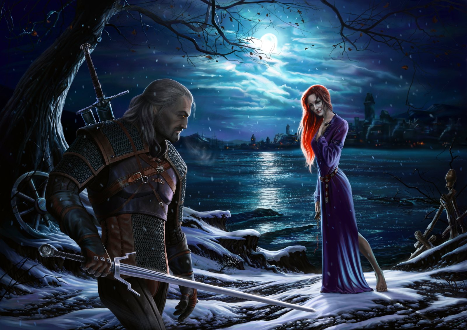 woman in purple dress illustration girl night the moon shore 2k 4k 5k 8k