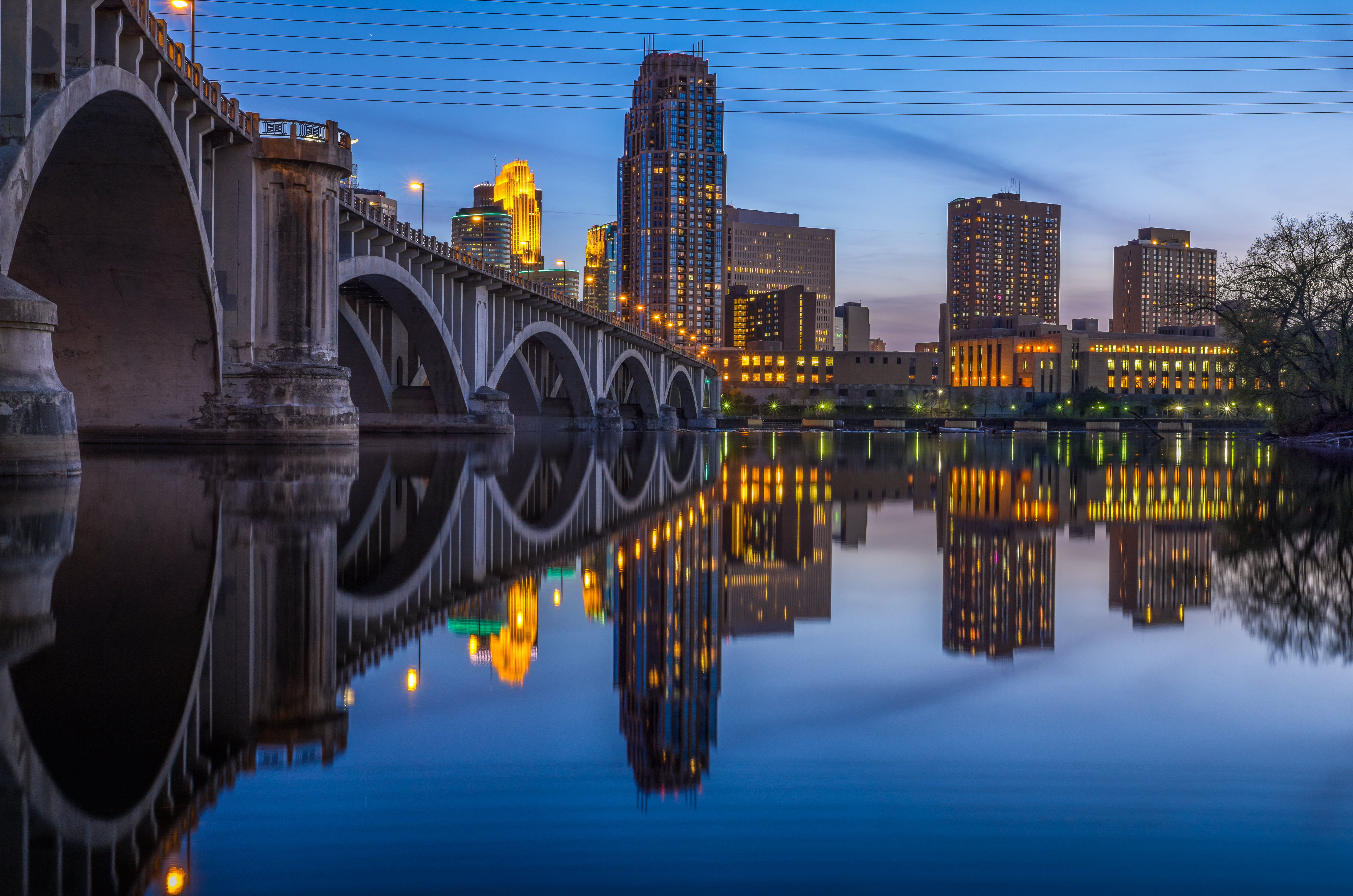 bride on body of water sunset scenery Third Avenue Bridge blue hour 2k 4k 5k