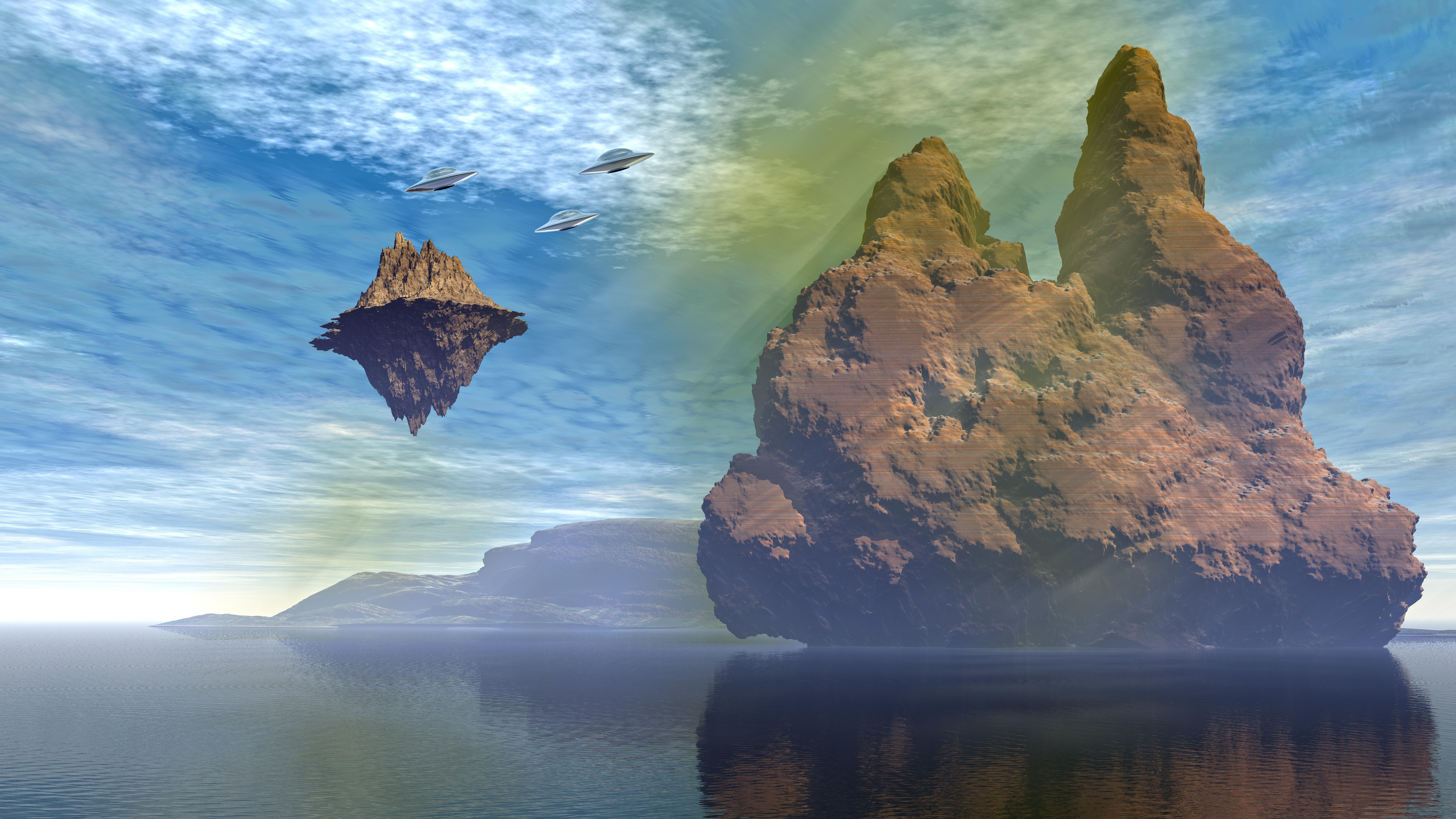 fantasy landscape ufo unidentified flying object rock alien 2k 4k 5k 8k