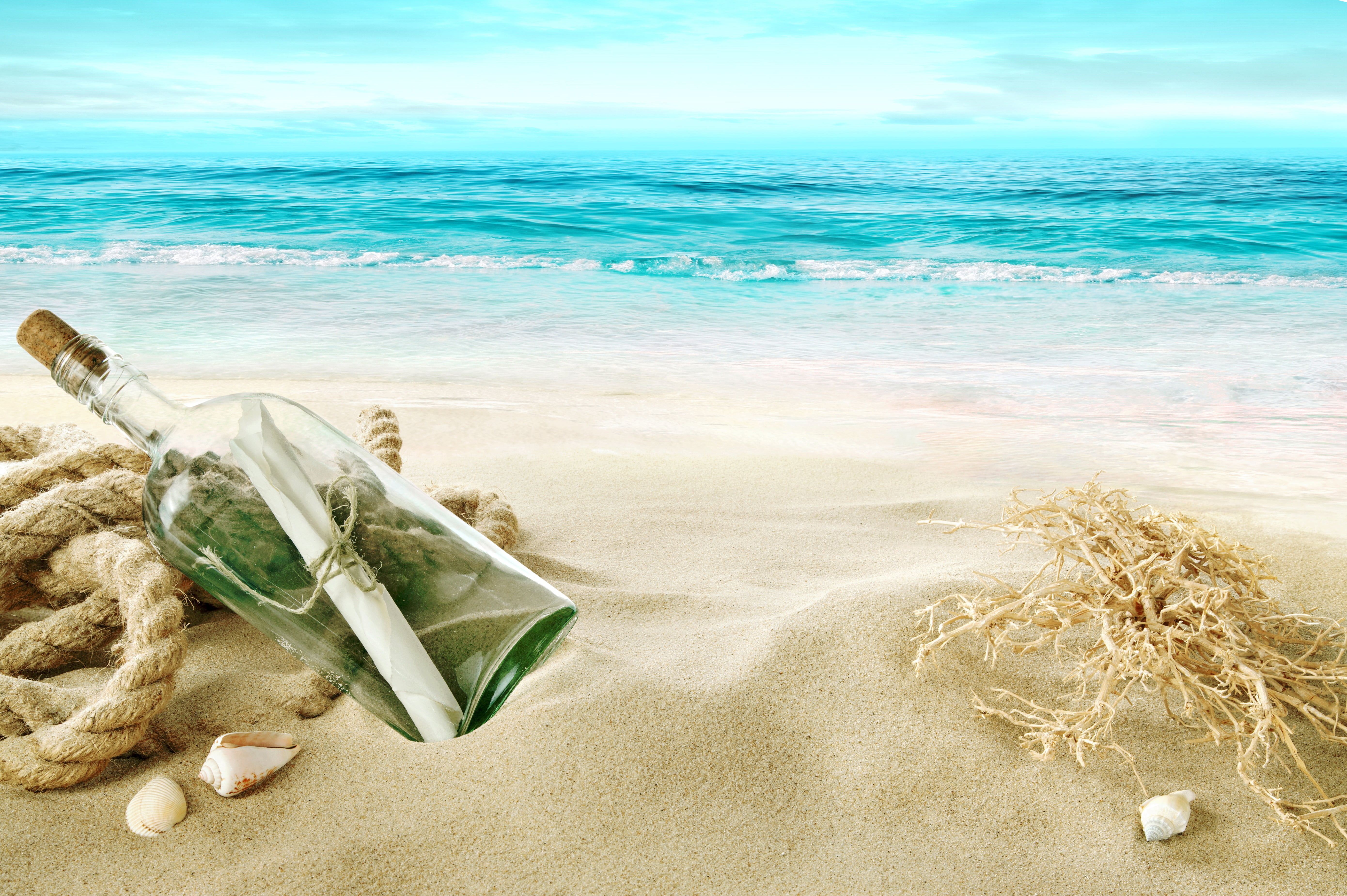 message in a bottle wallpaper sand sea beach shore shell 2k 4k 5k