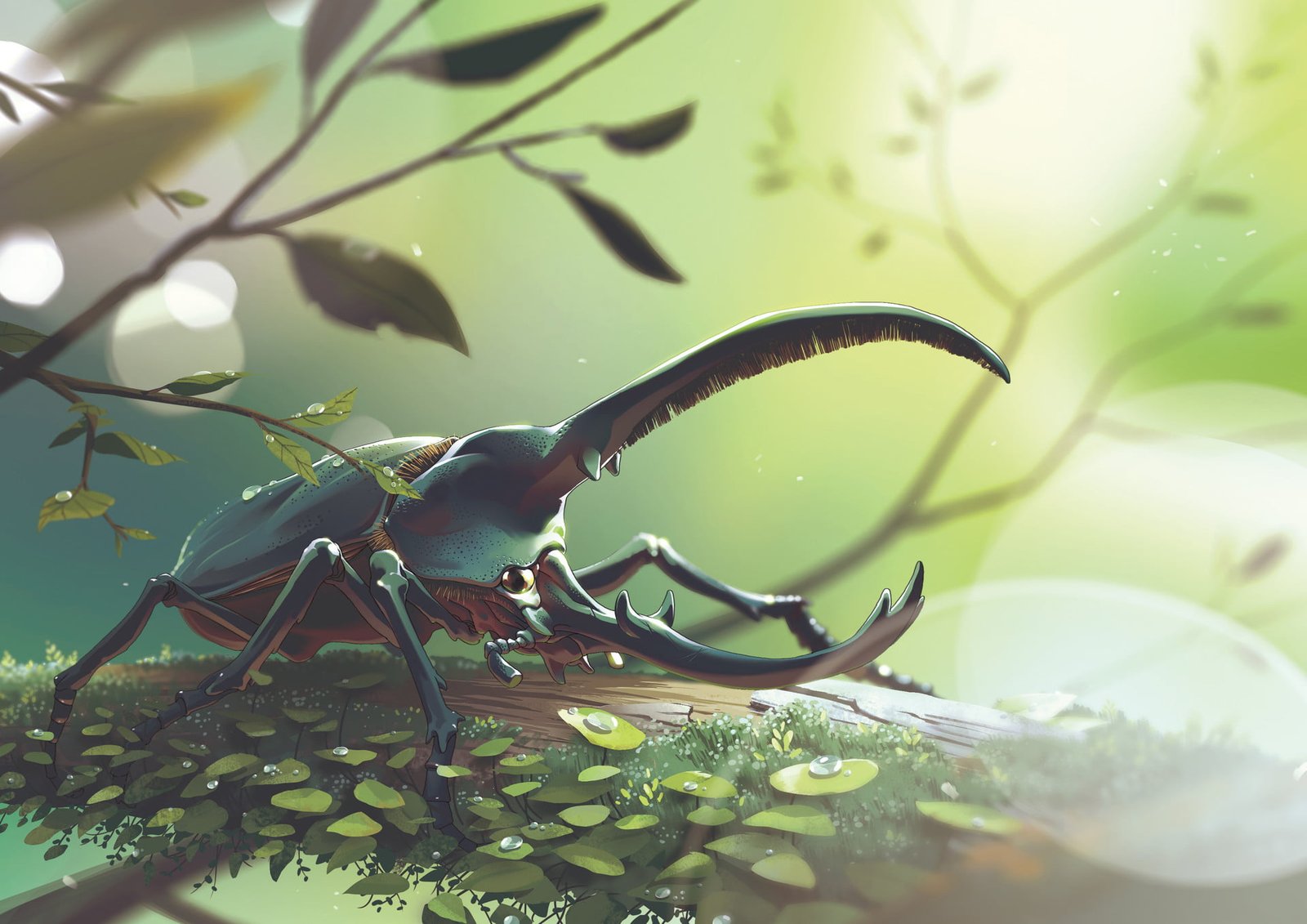 black elephant stag beetle illustration Hercules surrounded by leaves digital wallpaper 2k