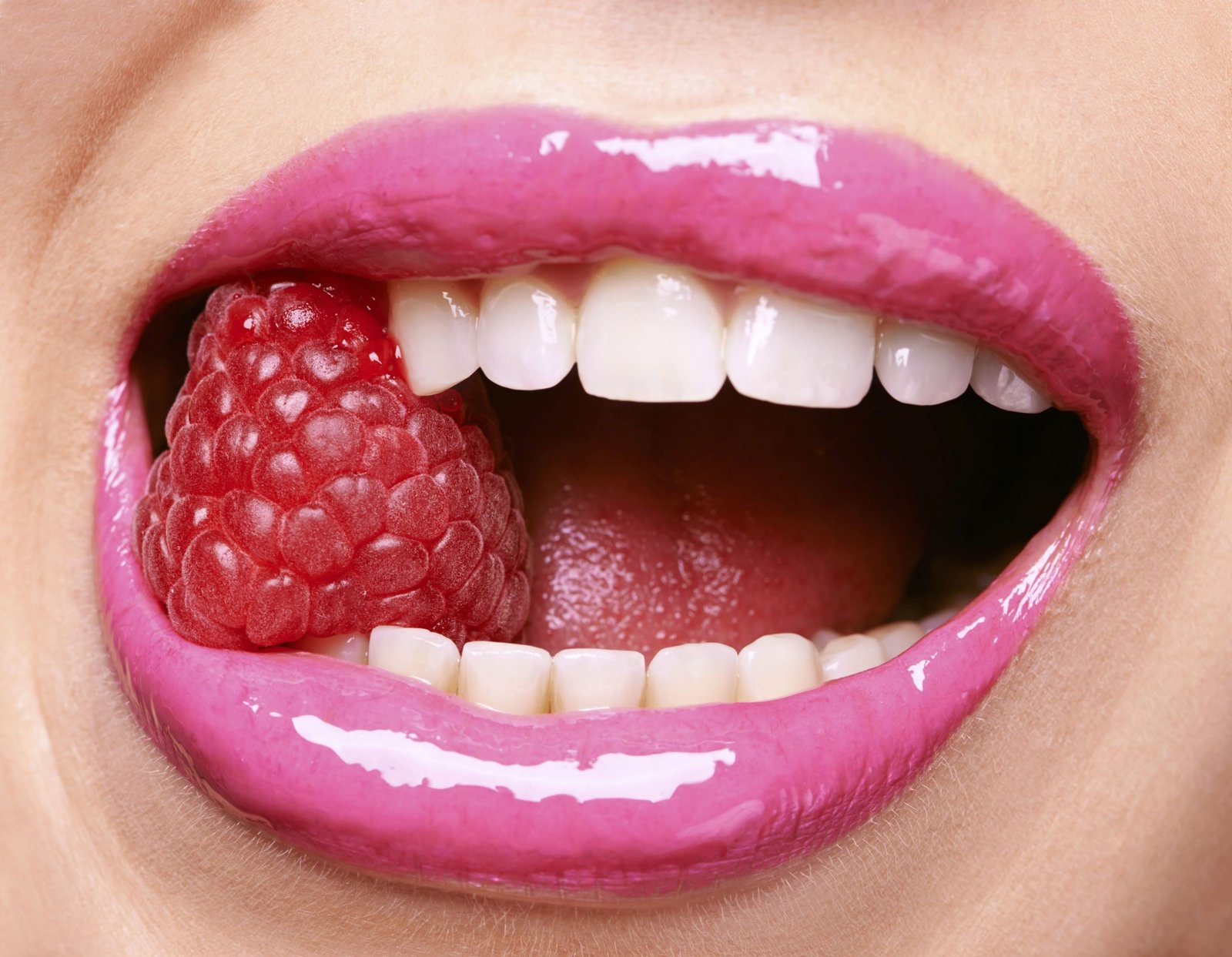 pink lipstick fruit open mouth macro red berries food raspberries 2k