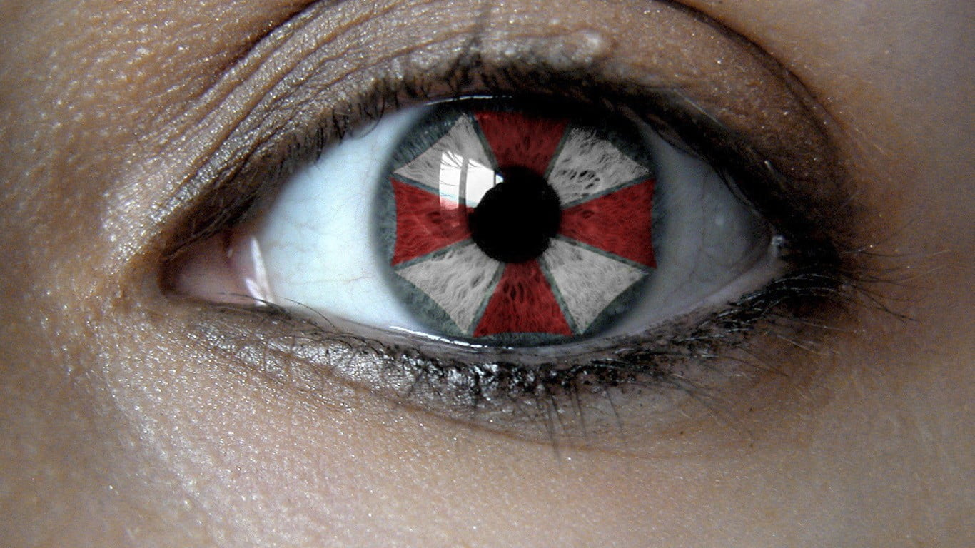 red and white umbrella contact lens Umbrella Corporation Resident Evil