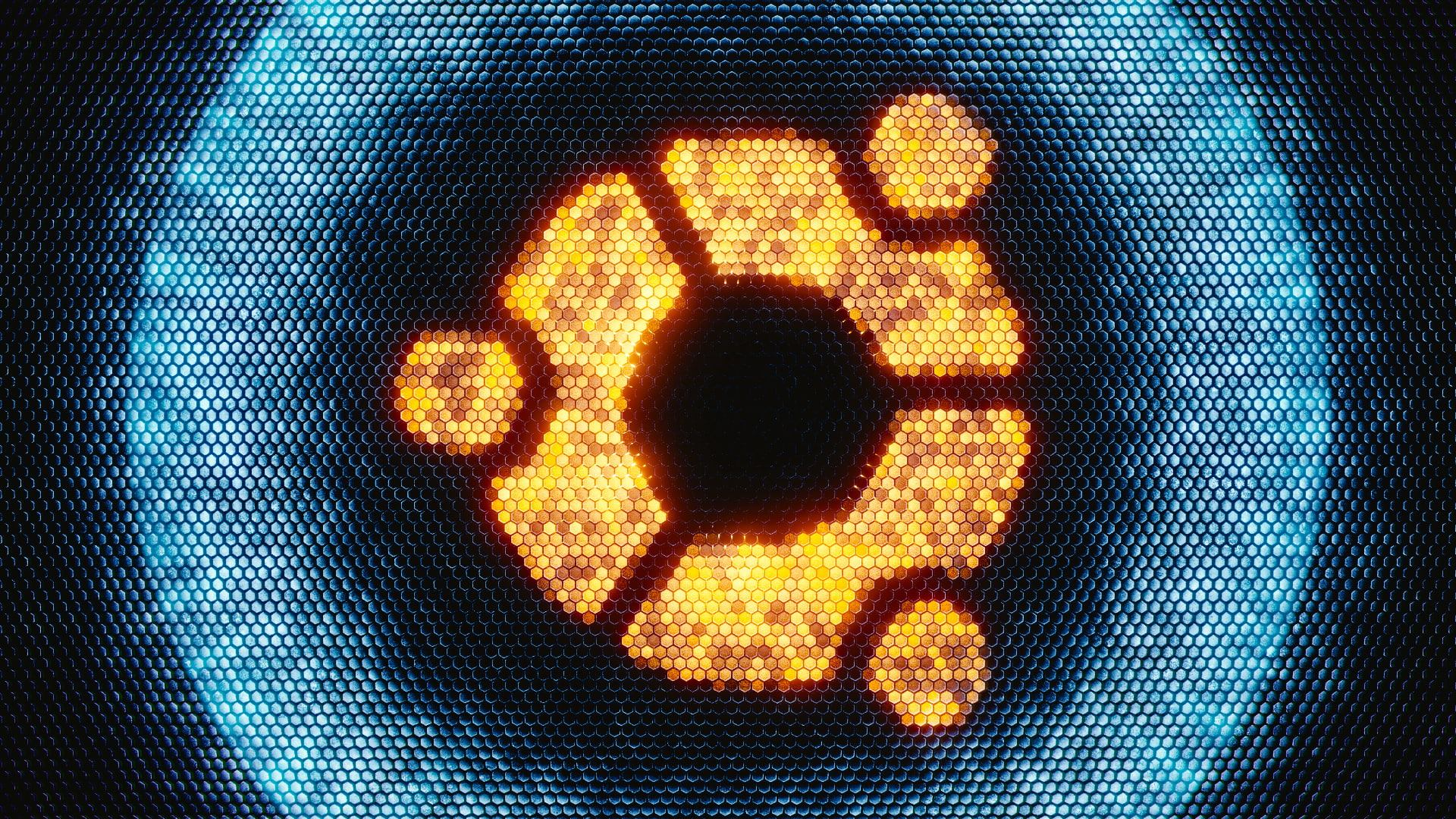 Ubuntu logo Linux glowing hexagon cyan orange 2k
