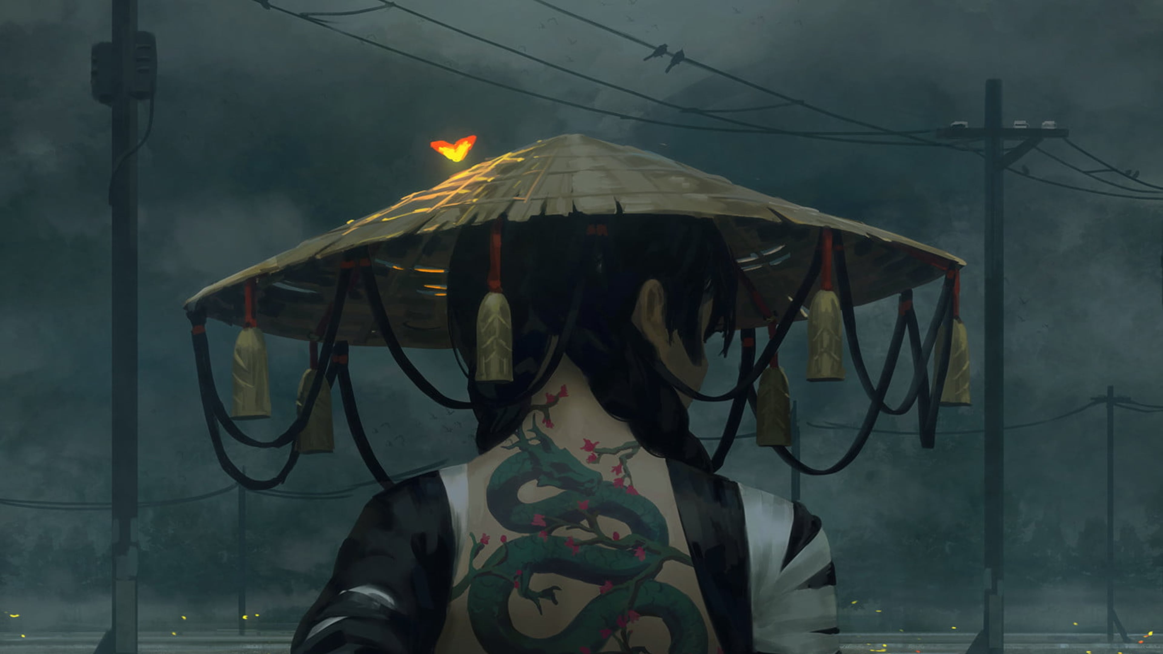 Girl With Hat back tatoo dragon digital art illustration 2k 4k