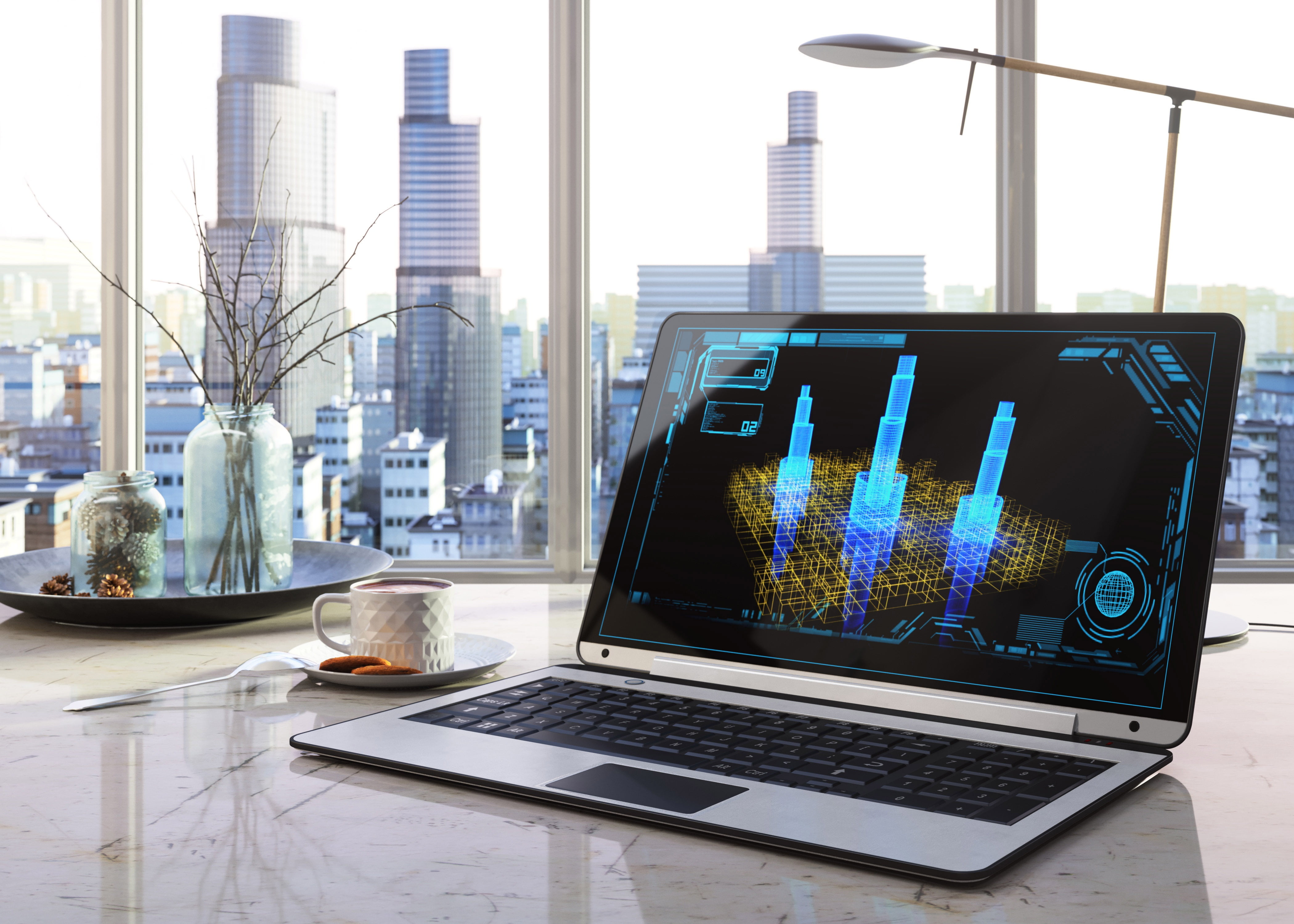 black and silver laptop computer style Desk interior blur 2k 4k