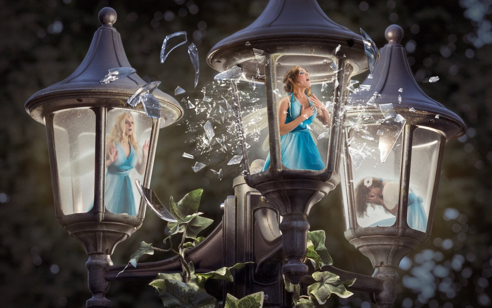 black lantern post digital art women fantasy bokeh broken glass 2k