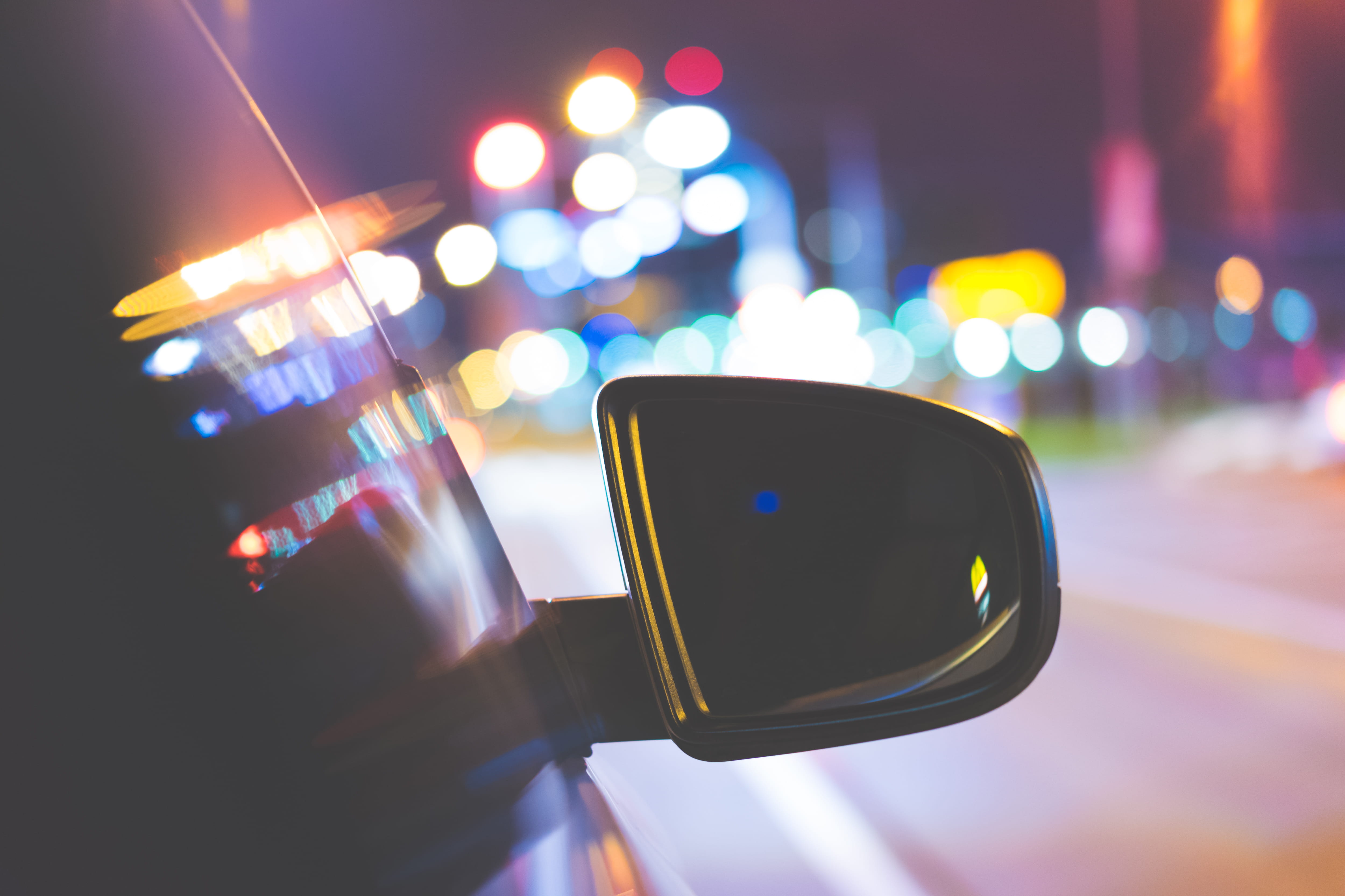 Car Side Rear View Mirror with City Bokeh Lights abstract cars 2k 4k 5k