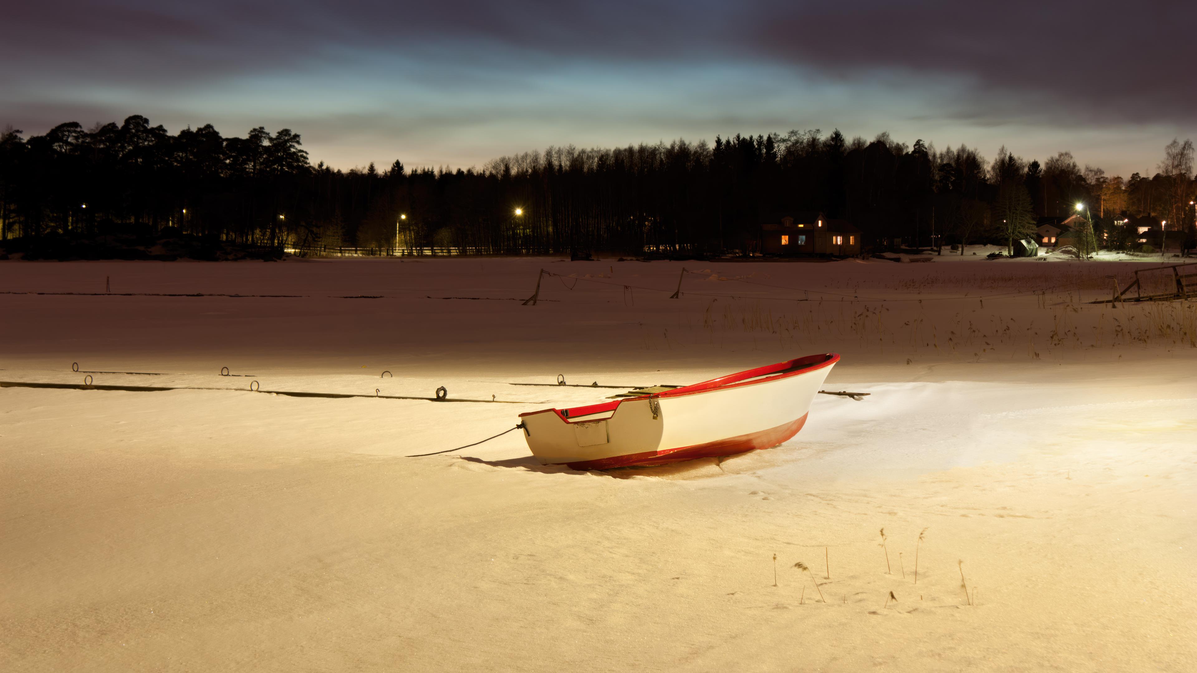Boat stuck in snow during winter night landscape HQ 2k 4k