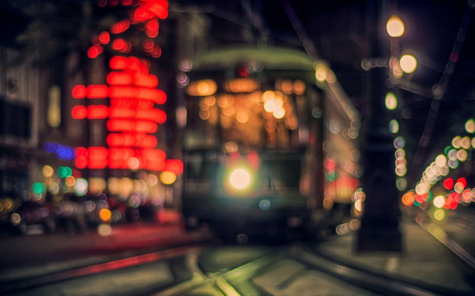 city night lights tram bokeh 2k