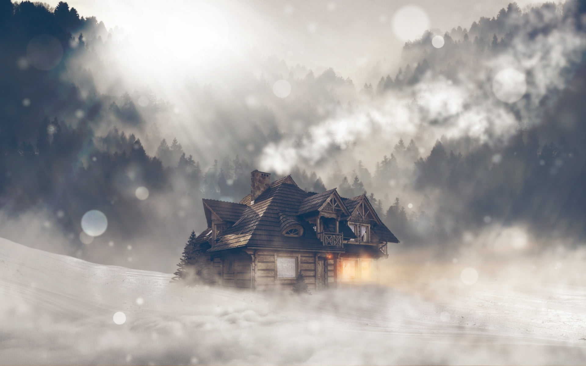 gray 2 storey house nature landscape winter snow mist cabin 2k