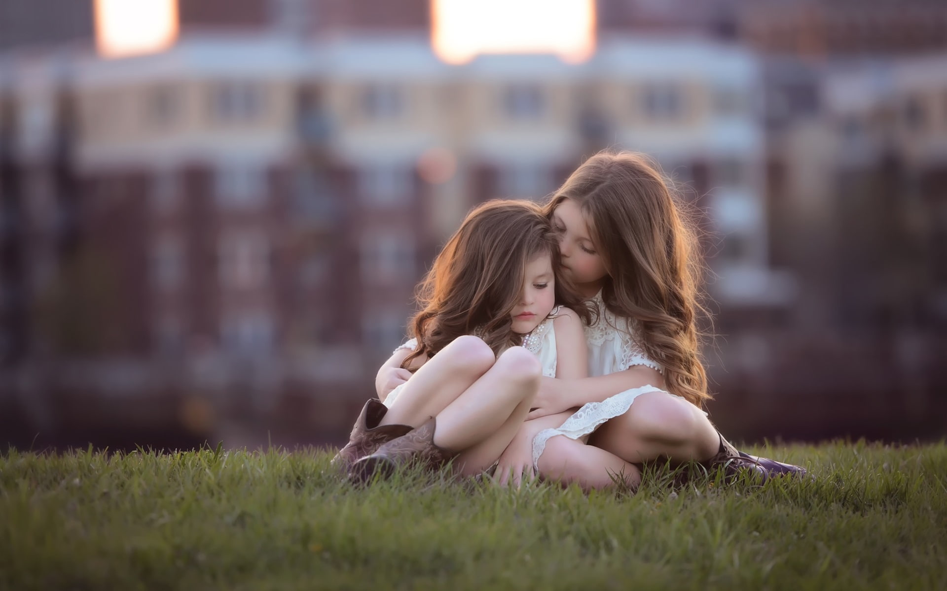 Cute girls children grass bokeh 2k