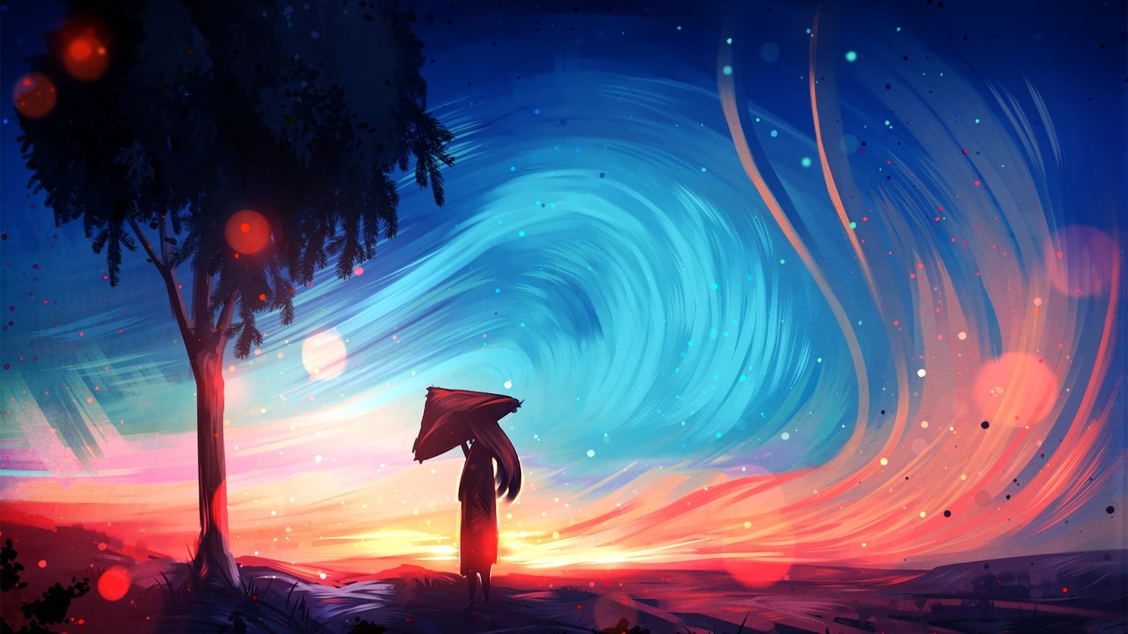 fantasy woman painting tree umbrella bokeh asian vibe 2k