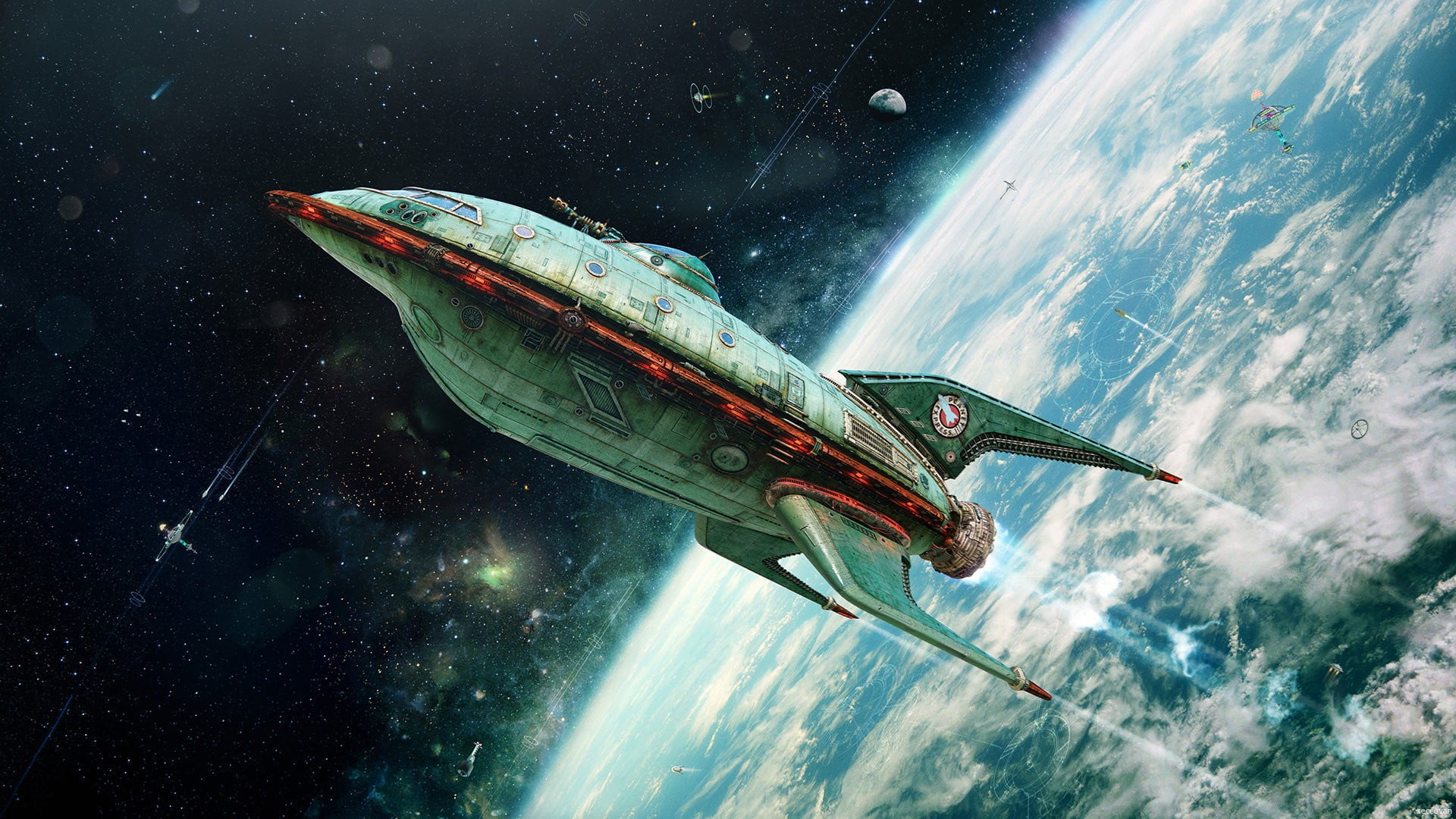 gray and red spaceship wallpaper spacecraft painting 2k