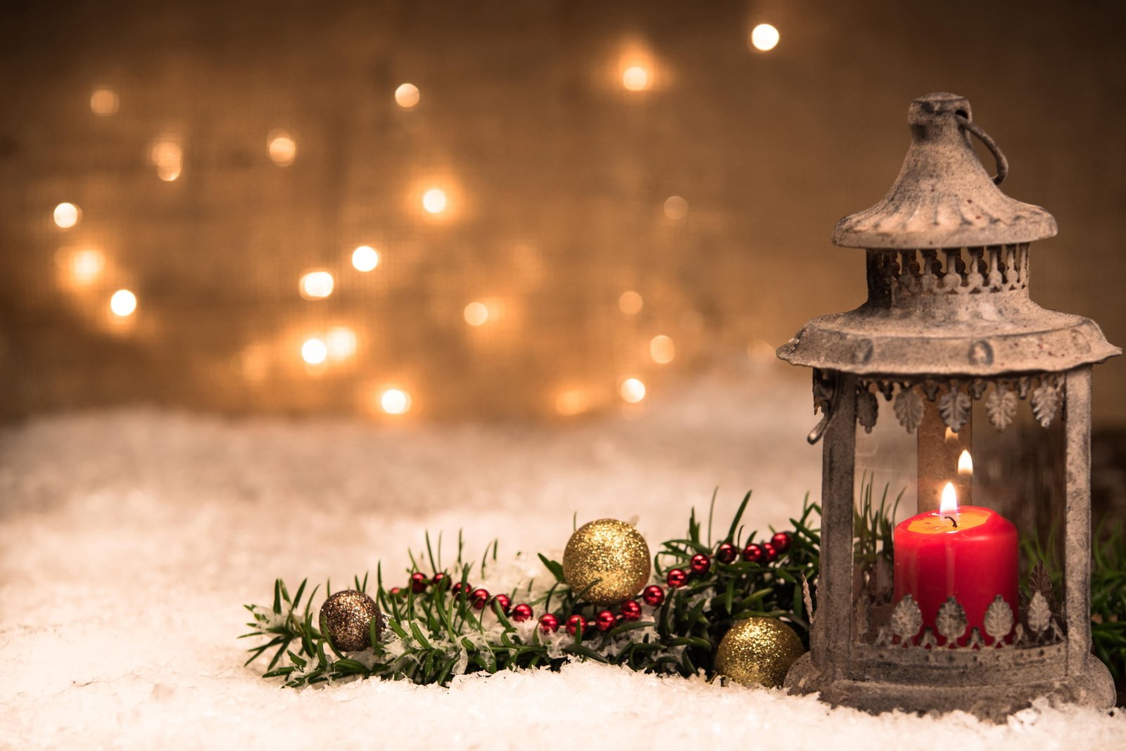gray candle lantern balls branch Christmas New year bokeh 2k 4k