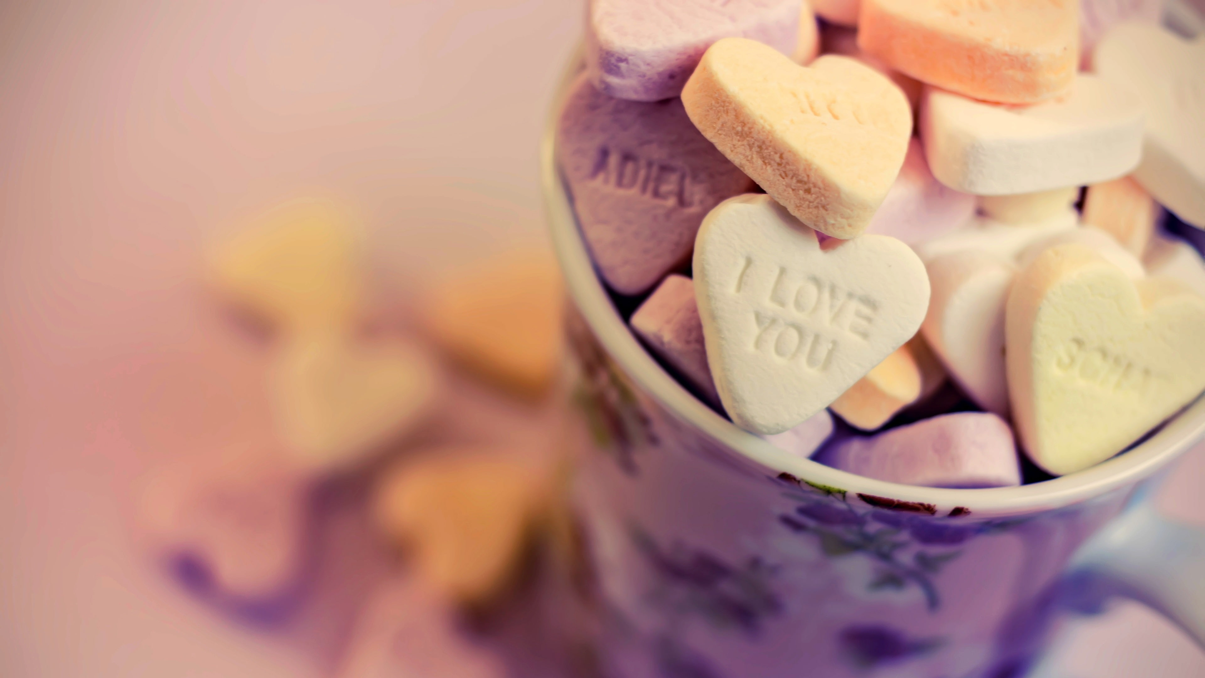 Love hearts candy cup bokeh 2k 4k