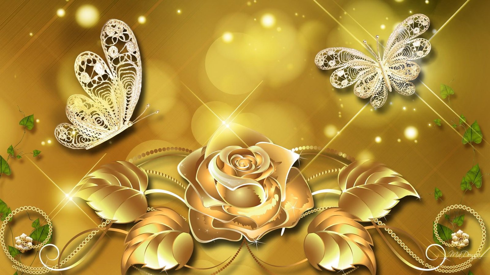 Luxurious Gold flower and butterfly with yellow background illustration 2k