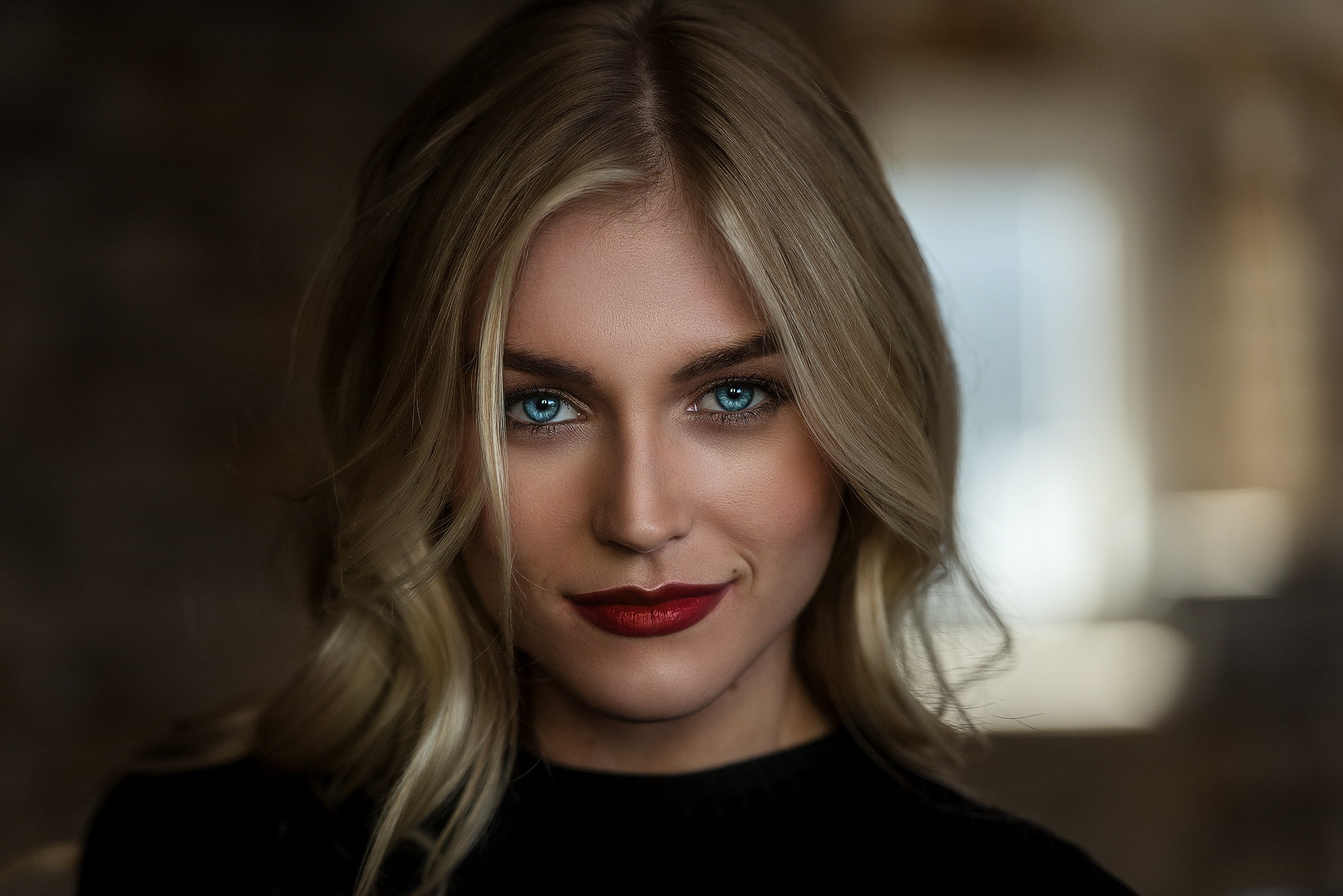 Mark Prinz bokeh blue eyes red lipstick women blonde smirk 2k
