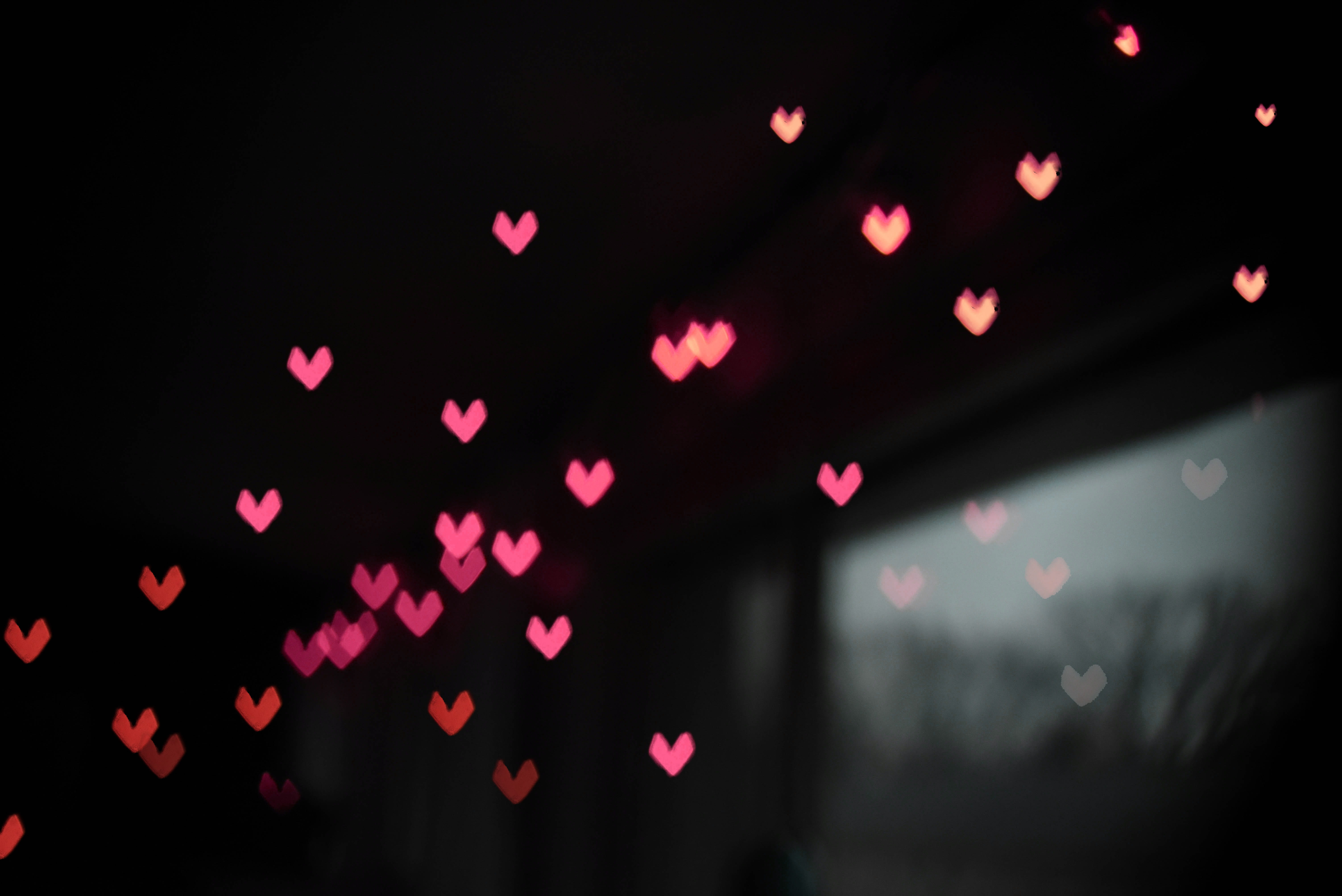 pink hearts in bokeh photography lights night illuminated 2k 4k 5k