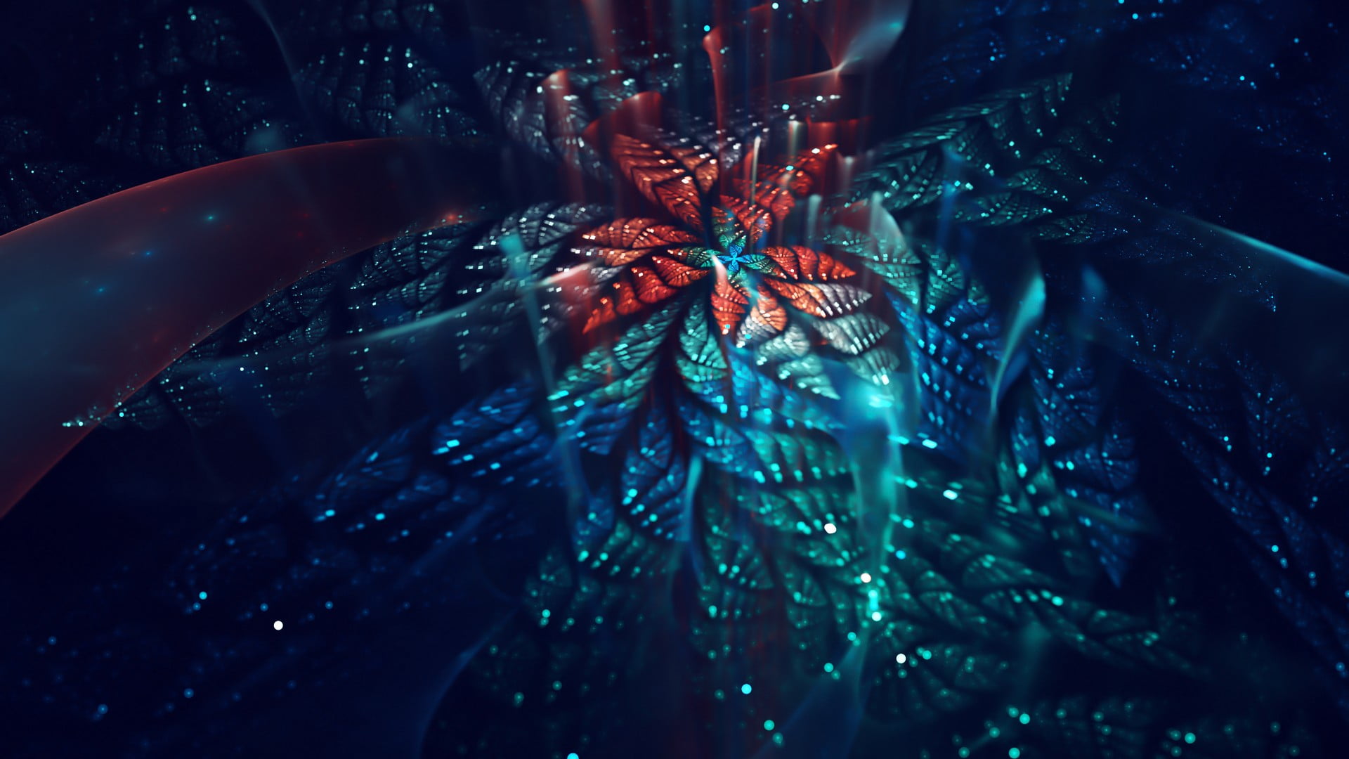 teal and red leaf wallpaper fractal abstract bokeh digital art 2k