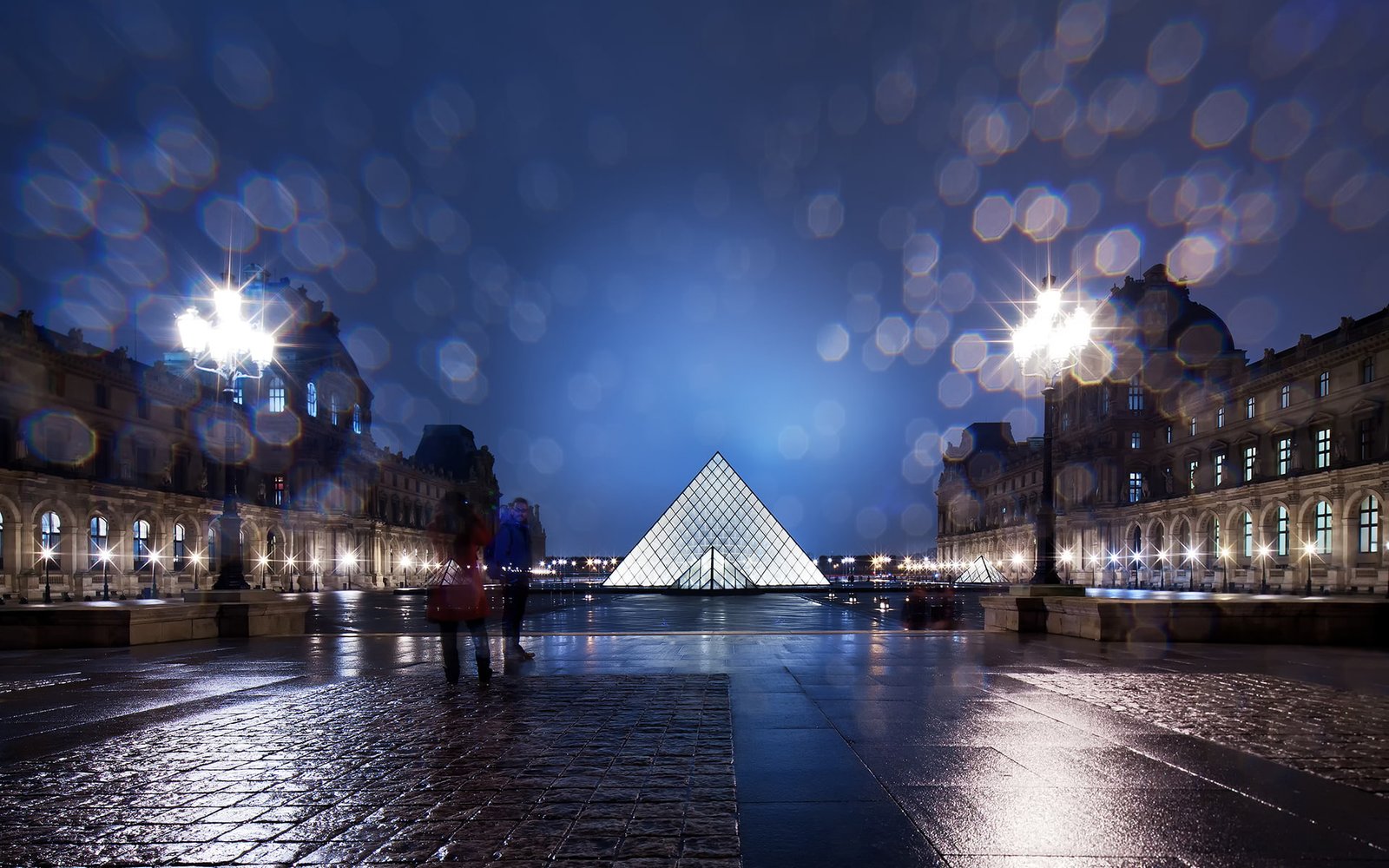 The Louvre Pyramid Buildings Paris Night Light Bokeh Wet Rain HD 2k