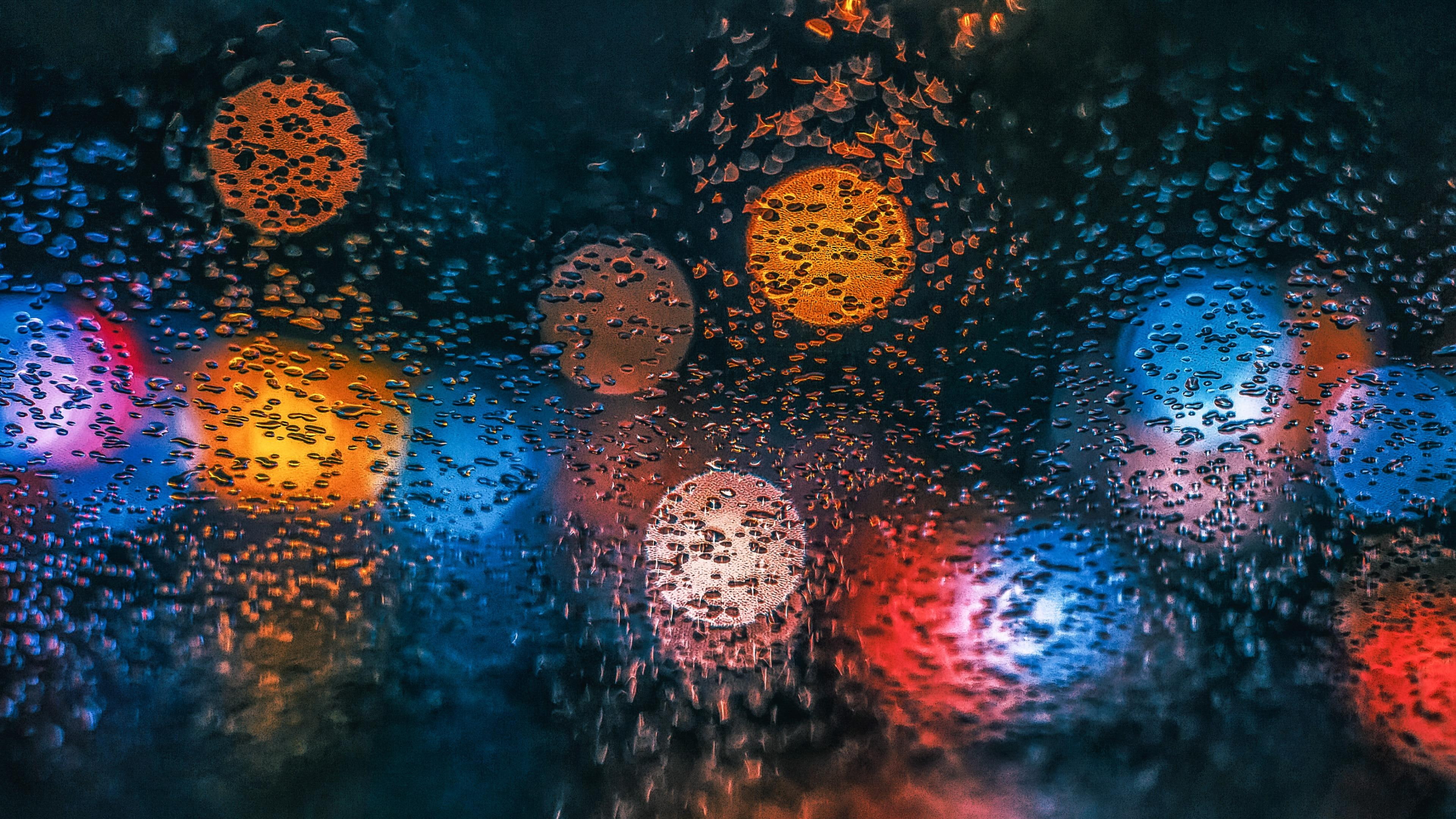 waterdrops bokeh lights raindrops glass car window 2k 4k